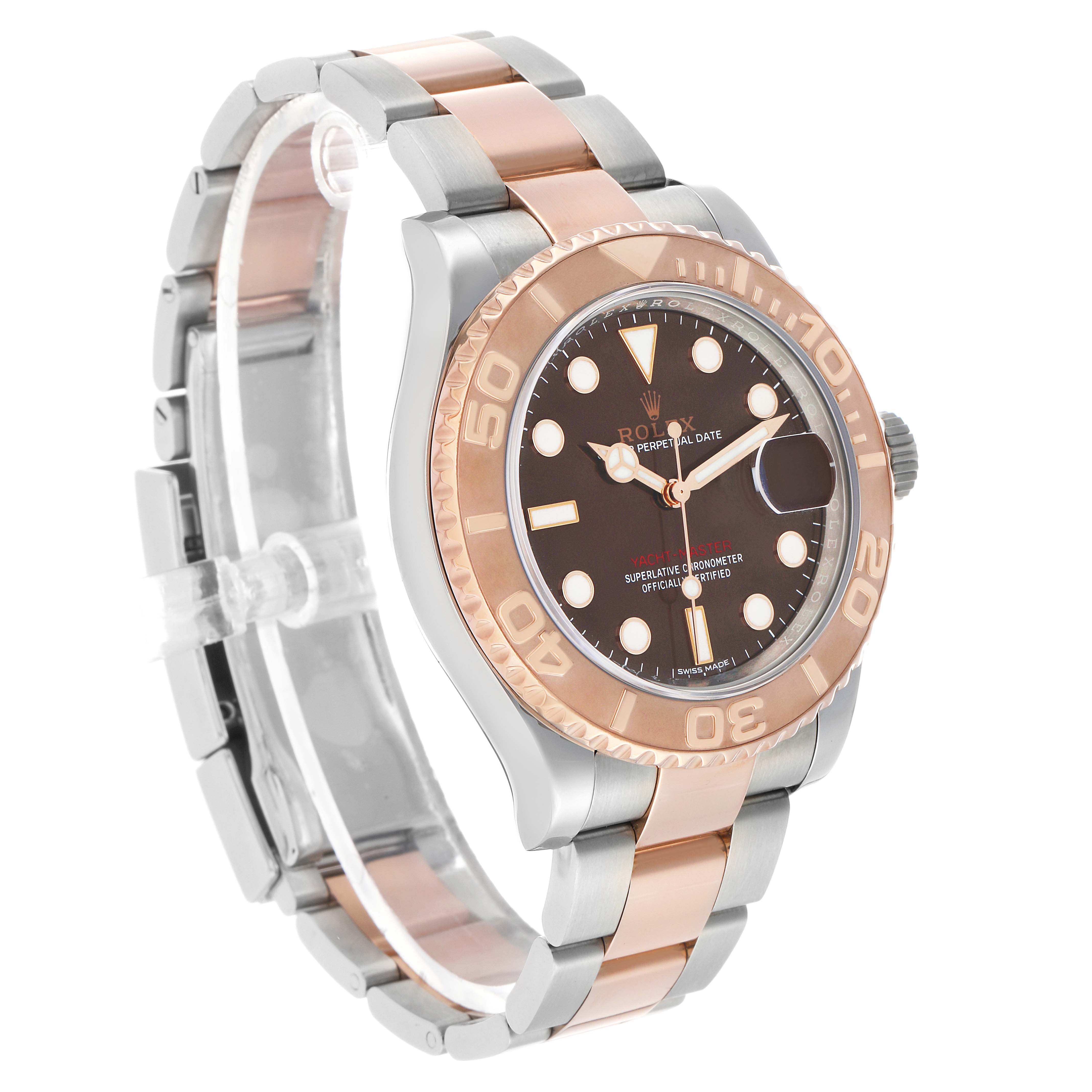 The Rolex Yacht-Master 116621 Men's Steel and Gold (two tone) Brown Dial watch is shown at a front angle, displaying the dial, bezel, crown, and part of the bracelet.