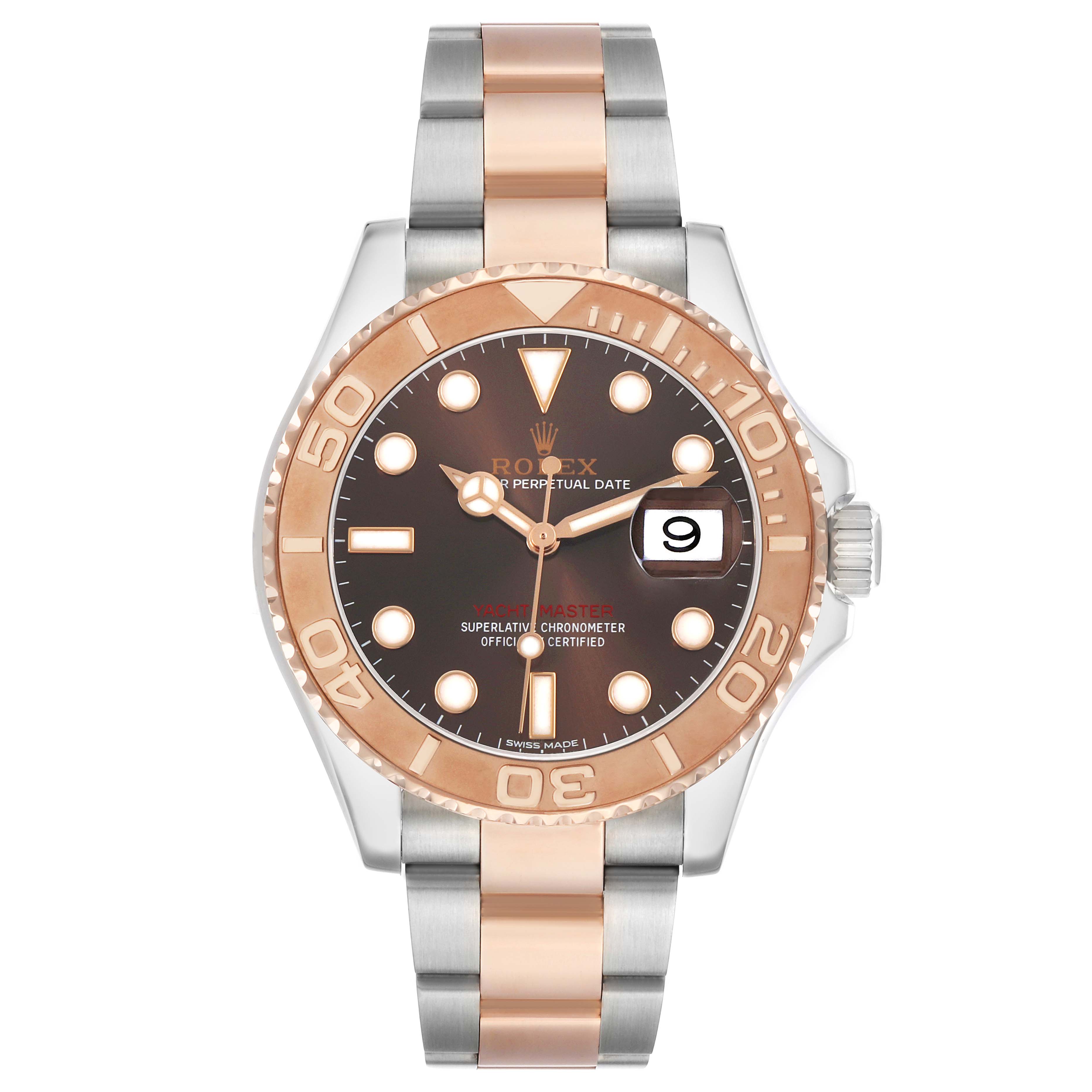 The Rolex Yacht-Master 116621 Men's Steel and Gold (two tone) Brown Dial watch is shown from the front, highlighting the two-tone bracelet, bezel, and dial.