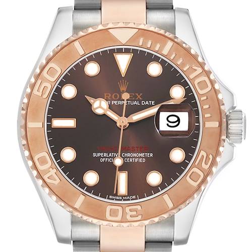 The Rolex Yacht-Master 116621 Men's Steel and Gold (two tone) Brown Dial is shown from the front, highlighting its dial, bezel, and part of the bracelet.