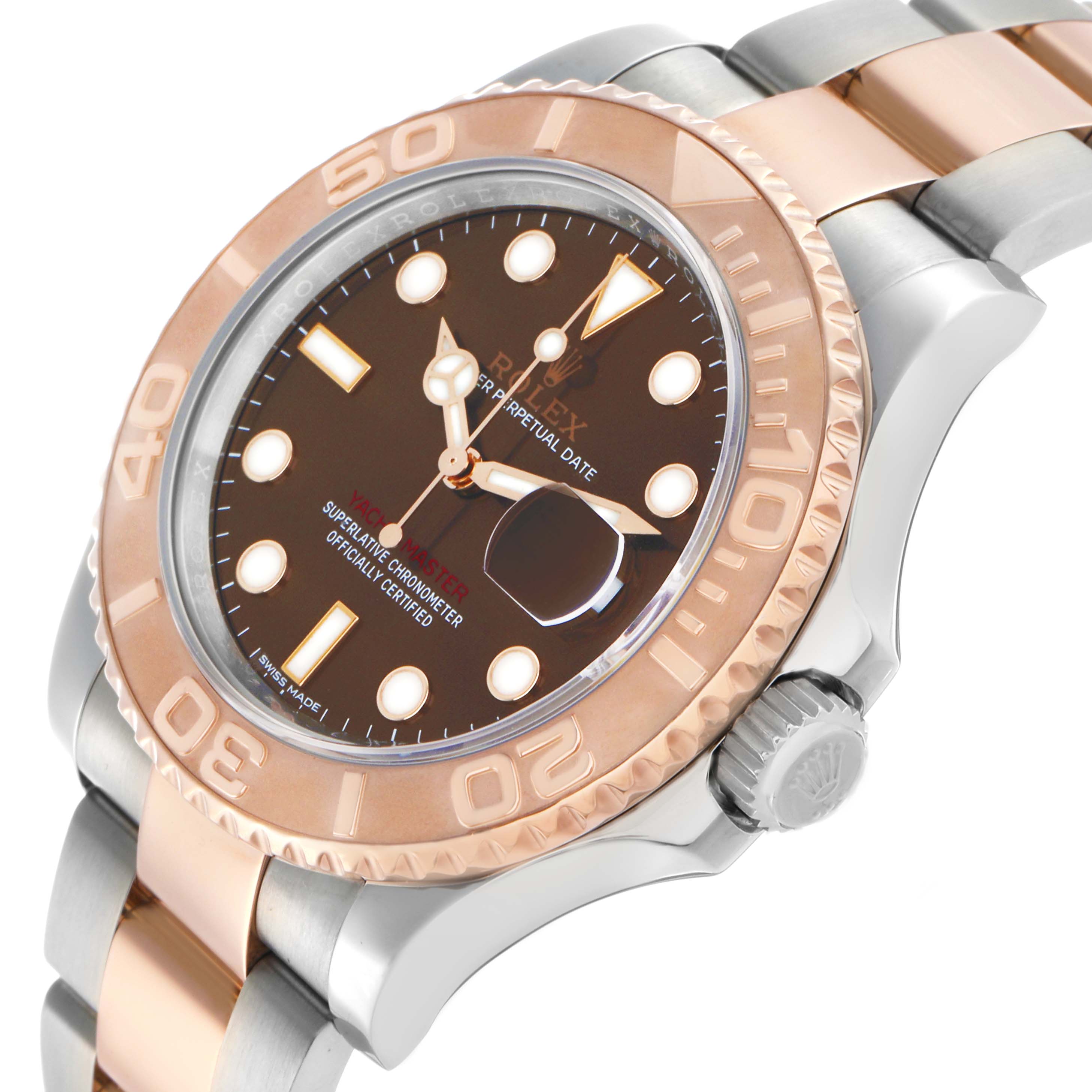 The Rolex Yacht-Master 116621 Men's Steel and Gold (two tone) Brown Dial watch is shown at a slight angle, highlighting the bezel, dial, hands, and part of the bracelet.
