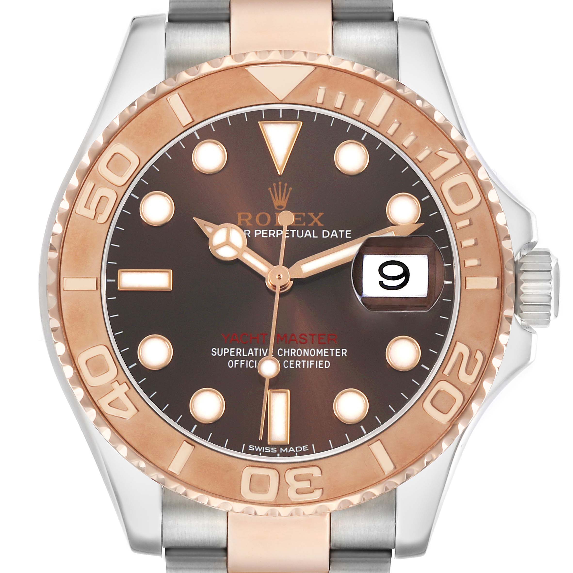 The Rolex Yacht-Master 116621 Men's Steel and Gold (two tone) Brown Dial watch is shown from the front, displaying the bezel, dial, hands, date, and part of the bracelet.