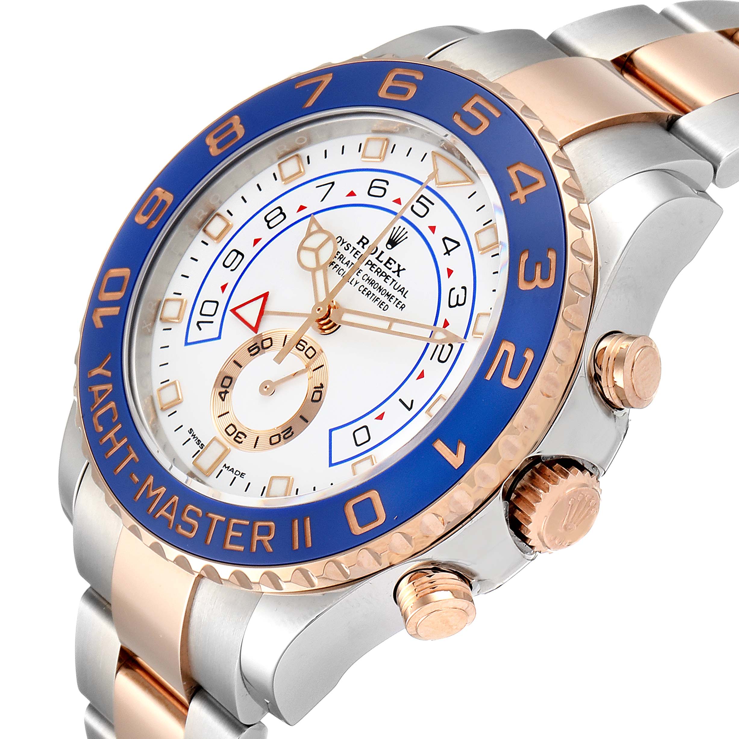 The image shows the front and right side of a Rolex Yacht-Master 116681 Men's Steel and Gold (two tone) White Dial 116681 Men's Steel and Gold (two tone) White Dial watch, highlighting its dial, bezel, and crown.