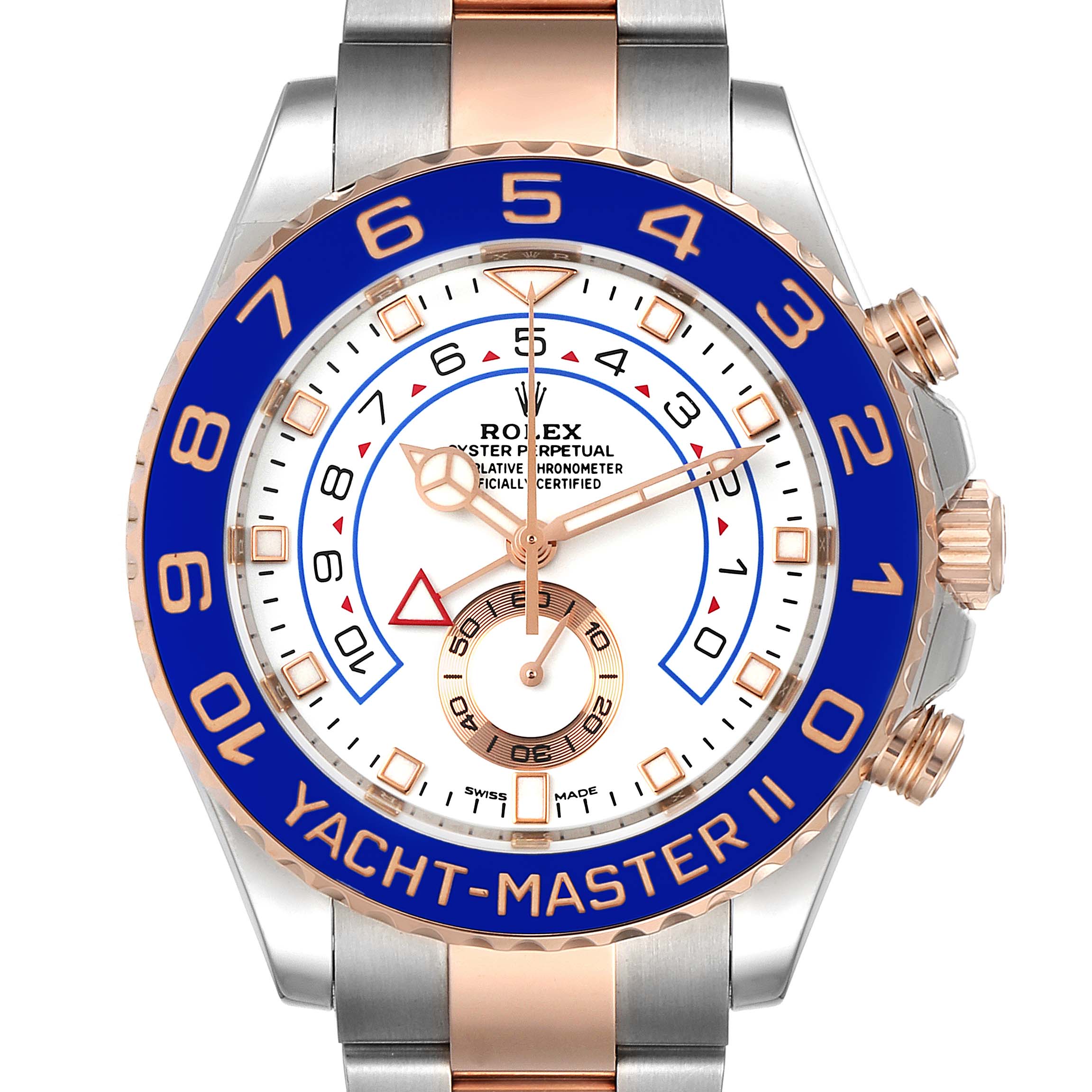 The image shows a Rolex Yacht-Master 116681 Men's Steel and Gold (two tone) White Dial 116681 Men's Steel and Gold (two tone) White Dial II watch from a top-down angle, focusing on the dial, bezel, and part of the bracelet.