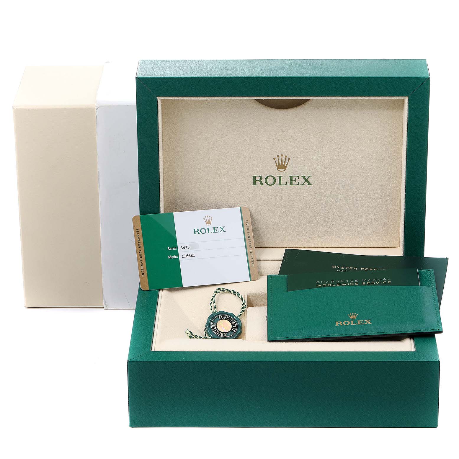 The image shows the packaging, warranty card, manuals, and tag for a Rolex Yacht-Master 116681 Men's Steel and Gold (two tone) White Dial 116681 Men's Steel and Gold (two tone) White Dial watch.