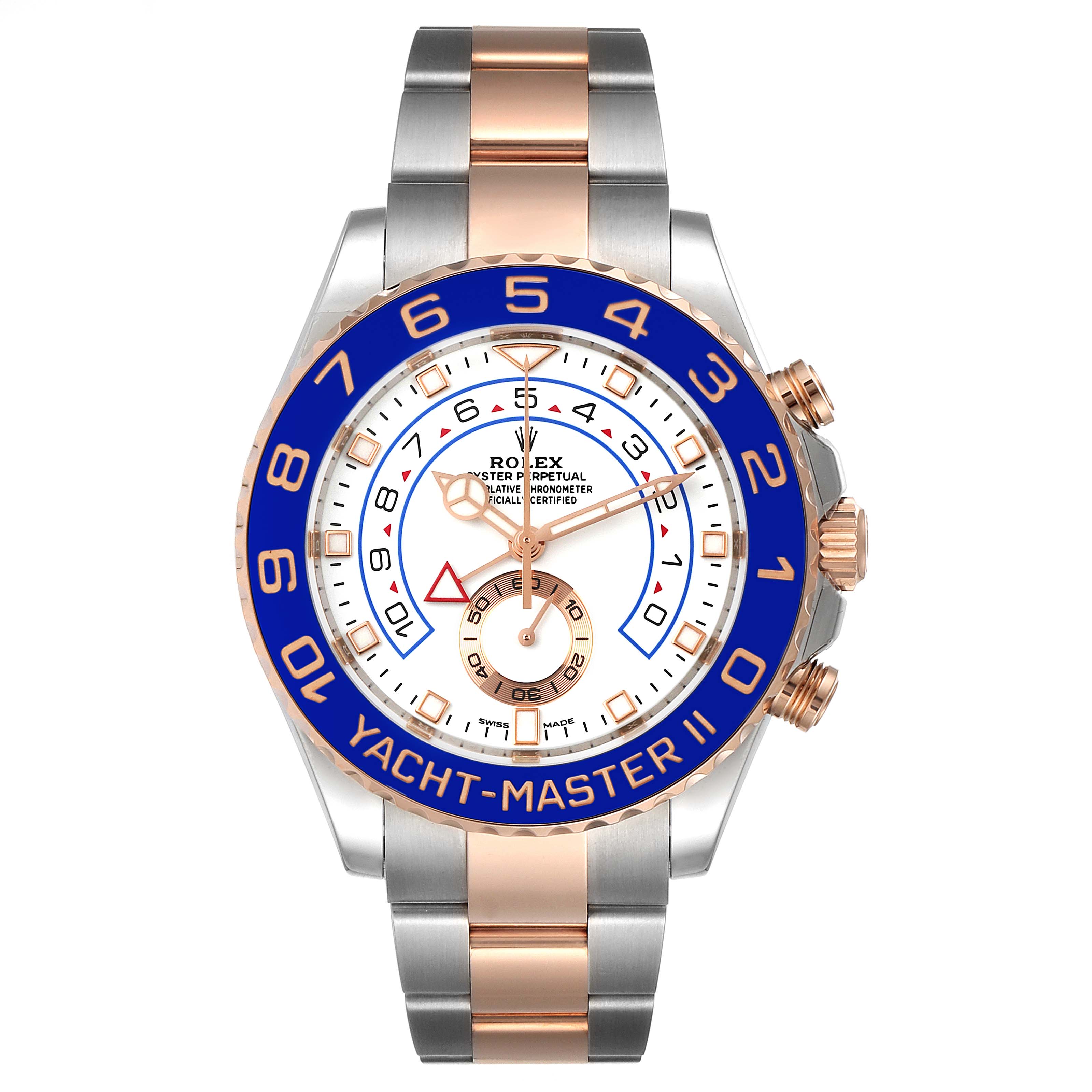 The image shows a front view of a Rolex Yacht-Master 116681 Men's Steel and Gold (two tone) White Dial 116681 Men's Steel and Gold (two tone) White Dial II watch, highlighting its dial, bezel, and bracelet.