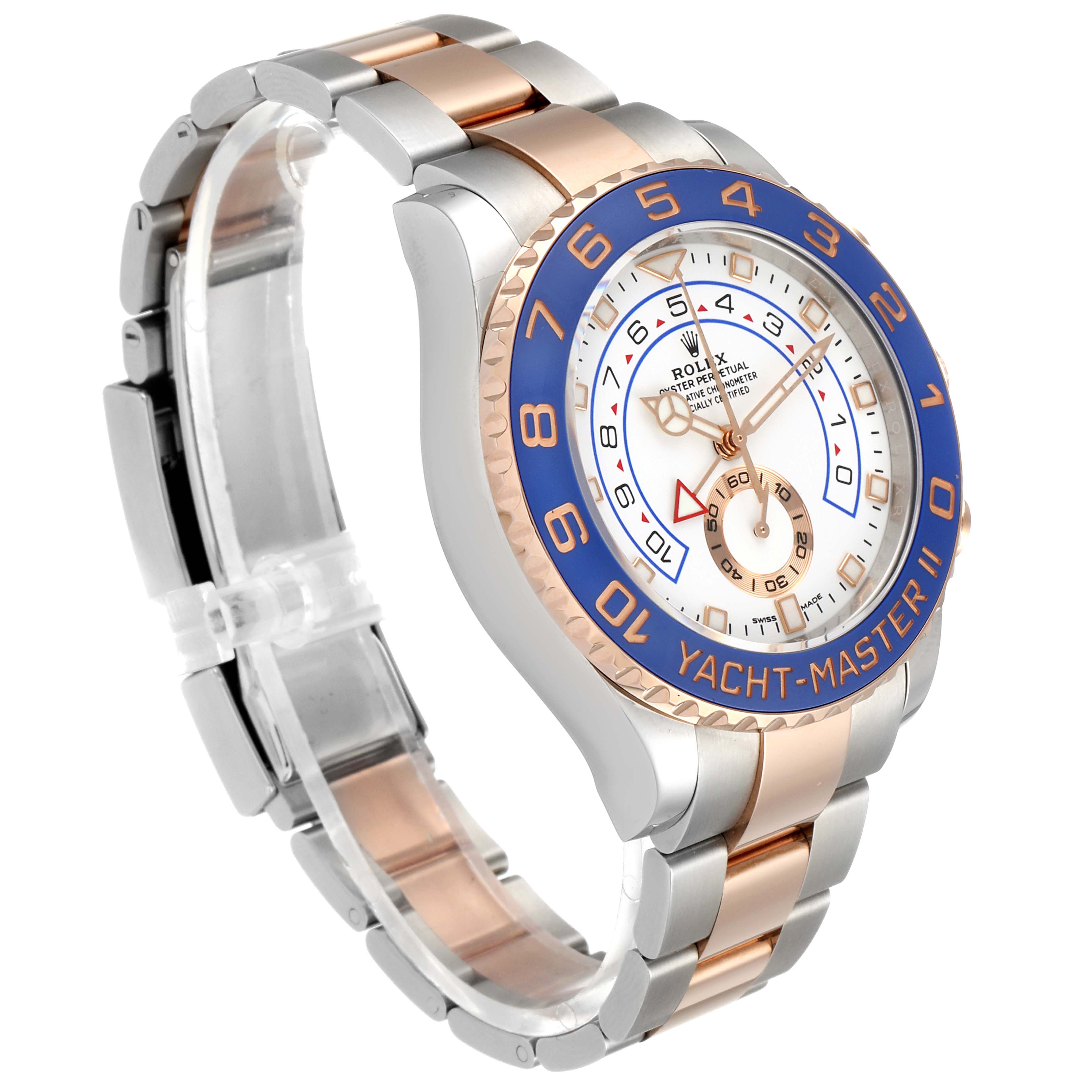 This image shows a Rolex Yacht-Master 116681 Men's Steel and Gold (two tone) White Dial 116681 Men's Steel and Gold (two tone) White Dial model watch at a three-quarter angle, displaying the face, bezel, and bracelet.