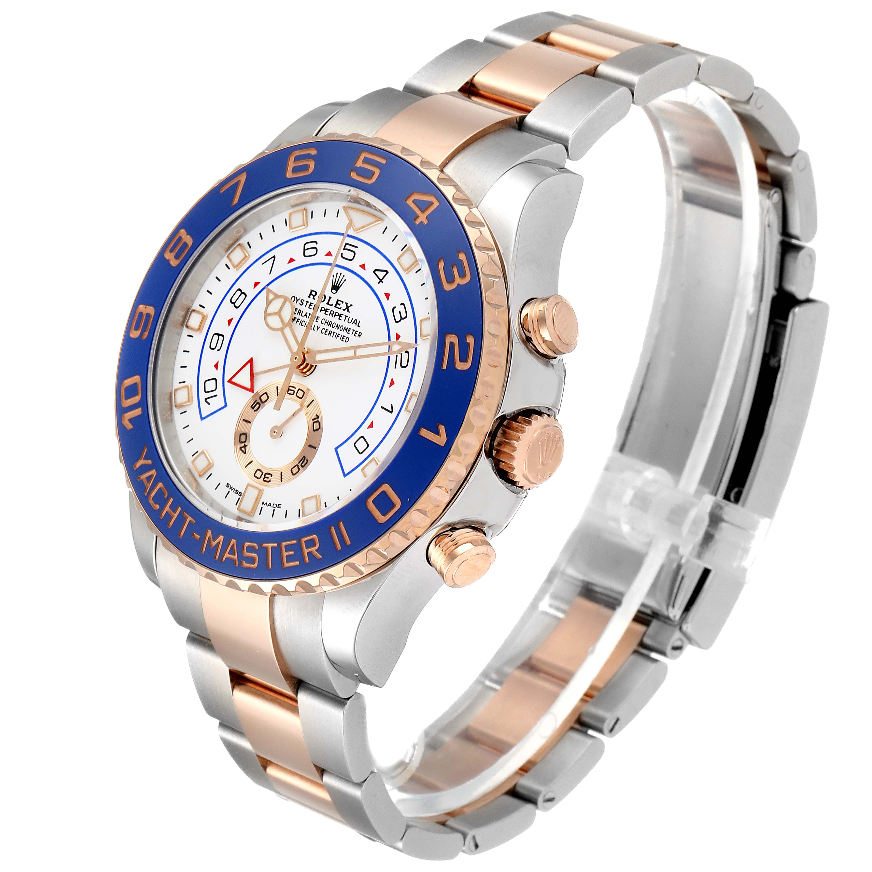 The Rolex Yacht-Master 116681 Men's Steel and Gold (two tone) White Dial 116681 Men's Steel and Gold (two tone) White Dial watch is shown at a left-side angle, highlighting its face, bezel, crown, and bracelet.