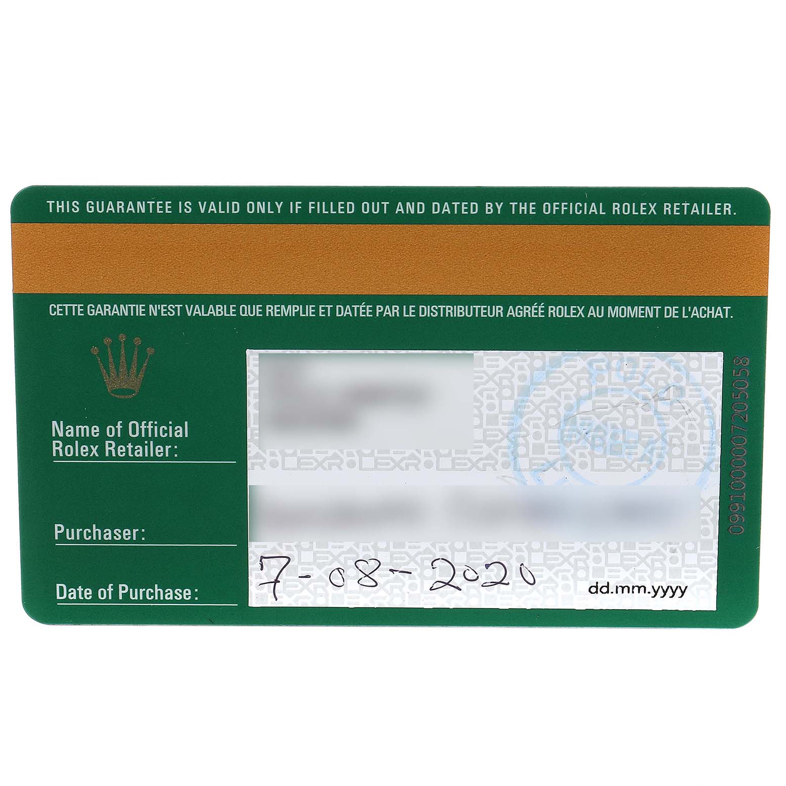 This image shows the guarantee card for a Rolex Yacht-Master 116681 Men's Steel and Gold (two tone) White Dial 116681 Men's Steel and Gold (two tone) White Dial watch, displaying the retailer, purchaser, and purchase date.