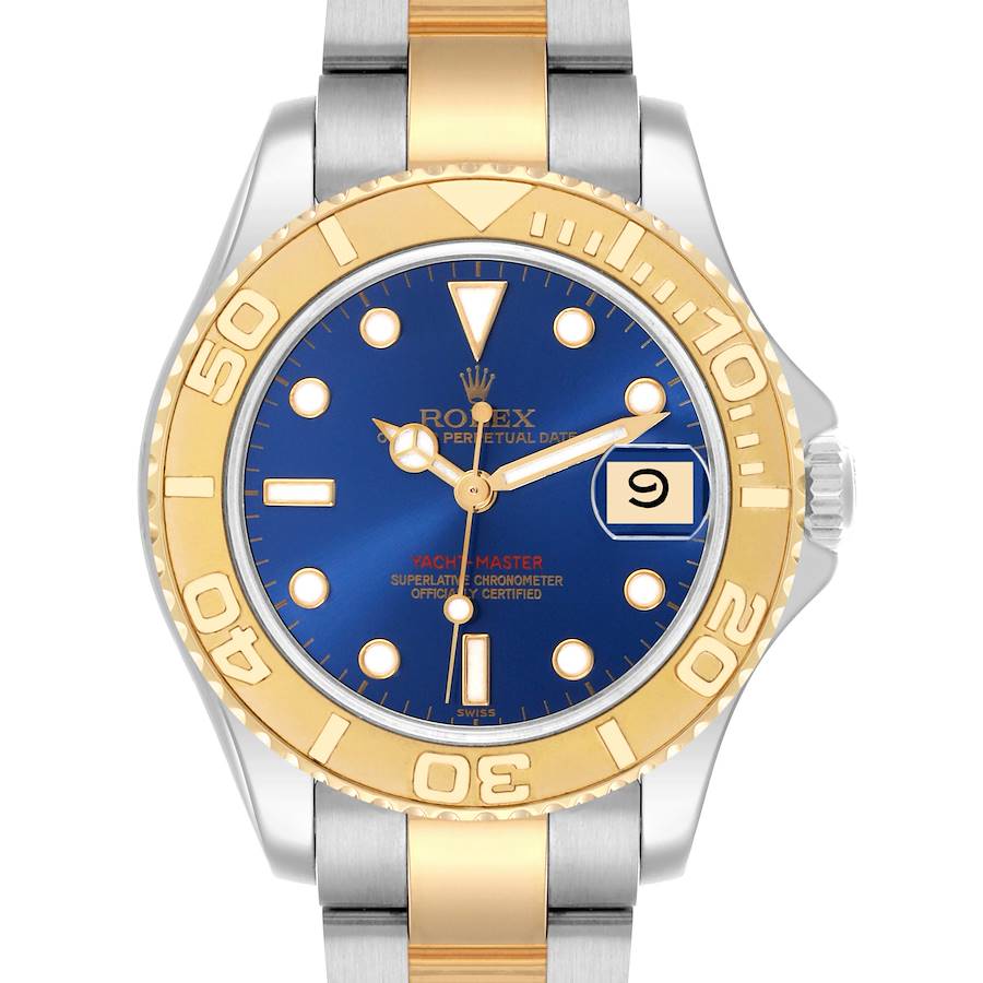 The Rolex Yacht-Master watch is shown from a front angle, highlighting its blue dial, gold bezel, and two-tone bracelet.