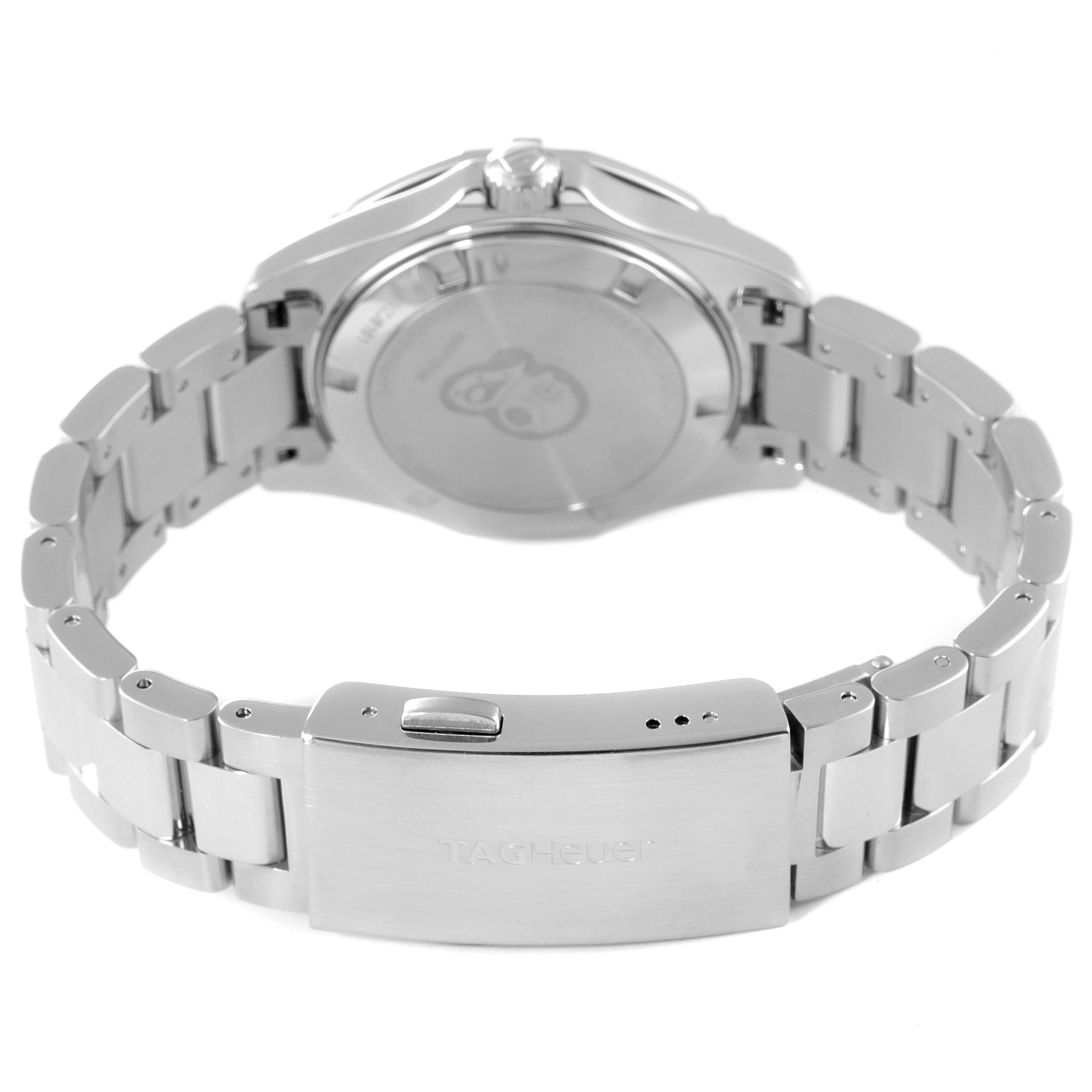 The image shows the back and clasp of the Tag Heuer Aquaracer WAY1311 Women's Stainless Steel Mother of Pearl Dial WAY1311 Women's Stainless Steel Mother of Pearl Dial watch, highlighting its stainless steel bracelet.
