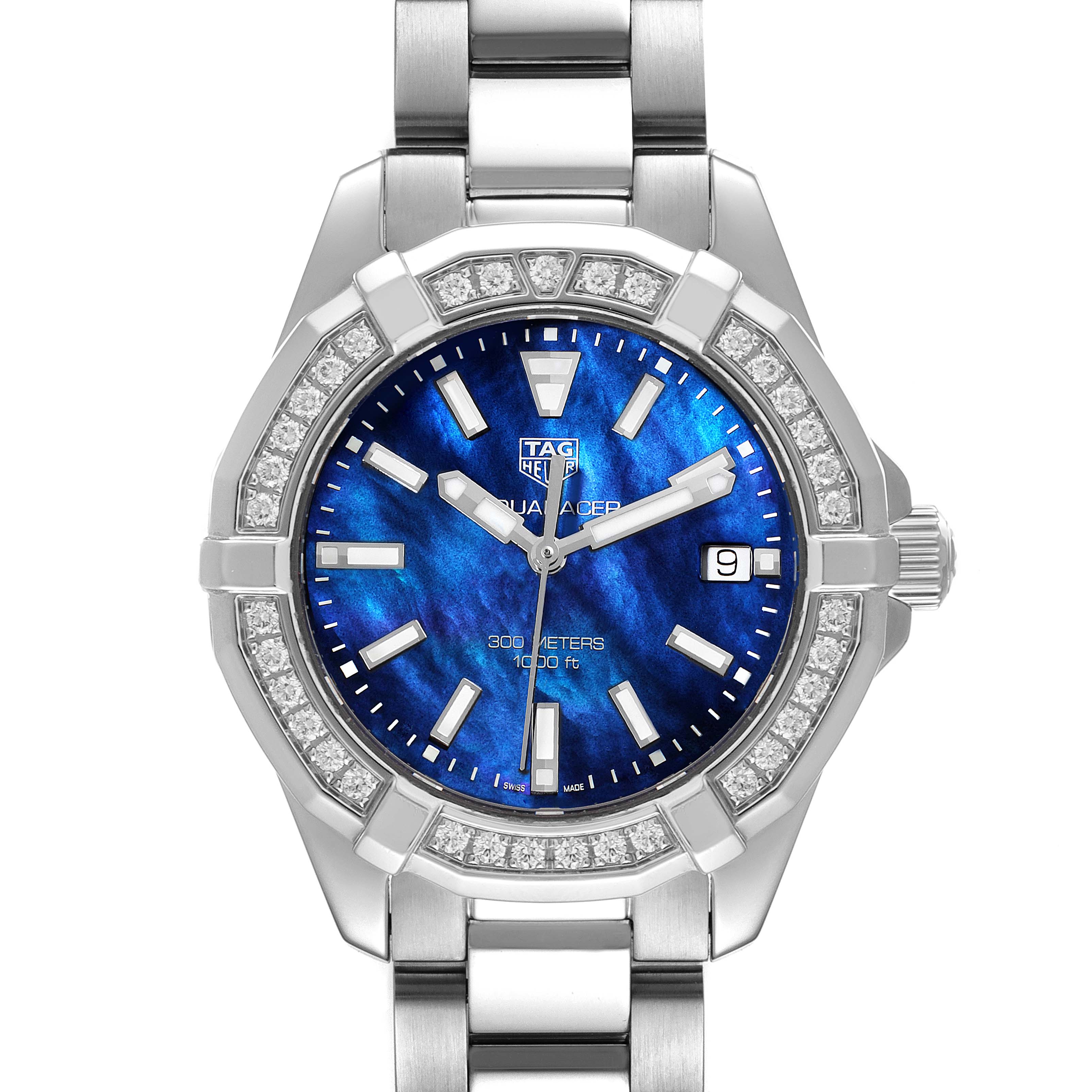 This image shows a front view of the Tag Heuer Aquaracer WAY1311 Women's Stainless Steel Mother of Pearl Dial WAY1311 Women's Stainless Steel Mother of Pearl Dial watch, highlighting its blue dial and metal bracelet.