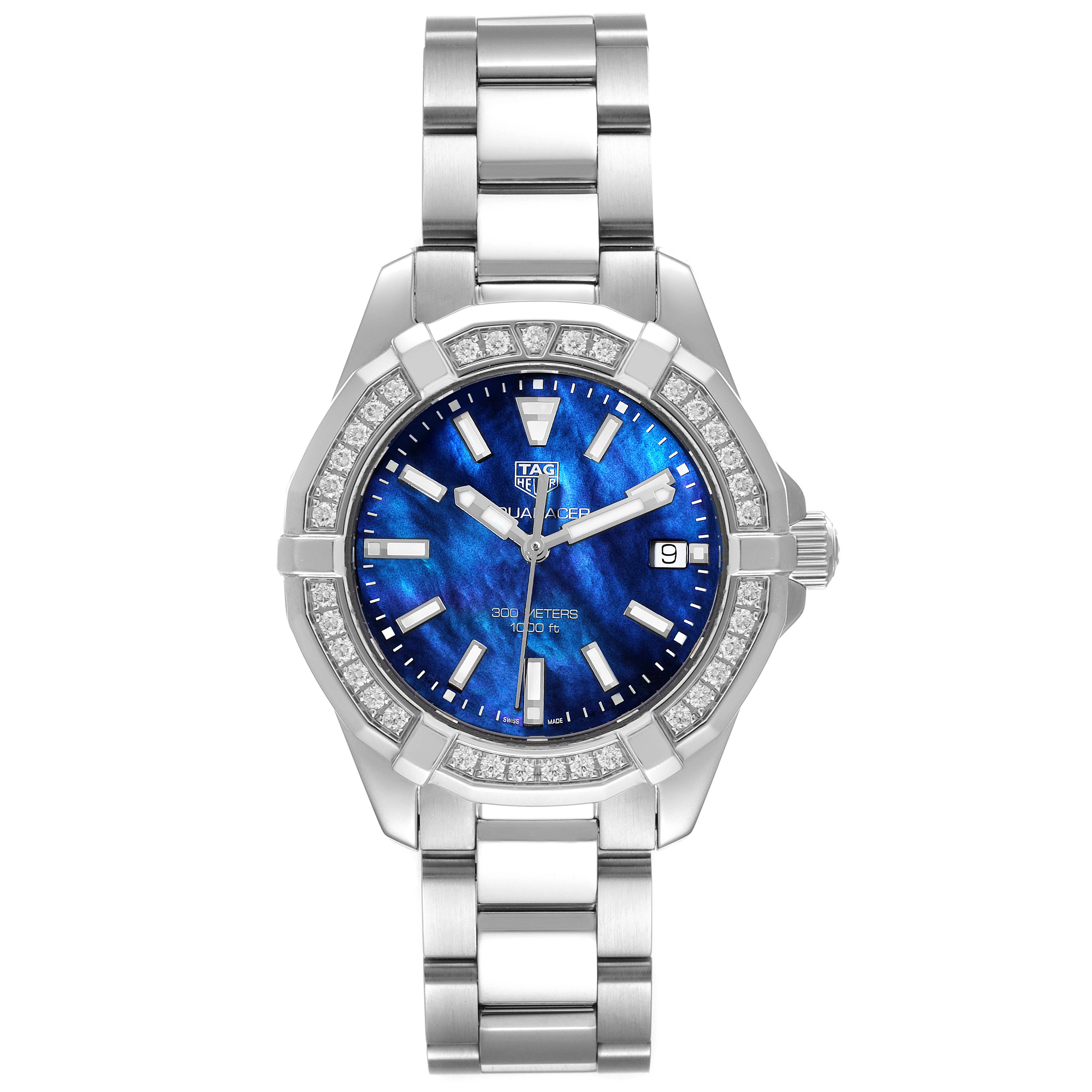 The image shows a front view of the Tag Heuer Aquaracer WAY1311 Women's Stainless Steel Mother of Pearl Dial WAY1311 Women's Stainless Steel Mother of Pearl Dial watch, displaying the face, bezel, and bracelet.