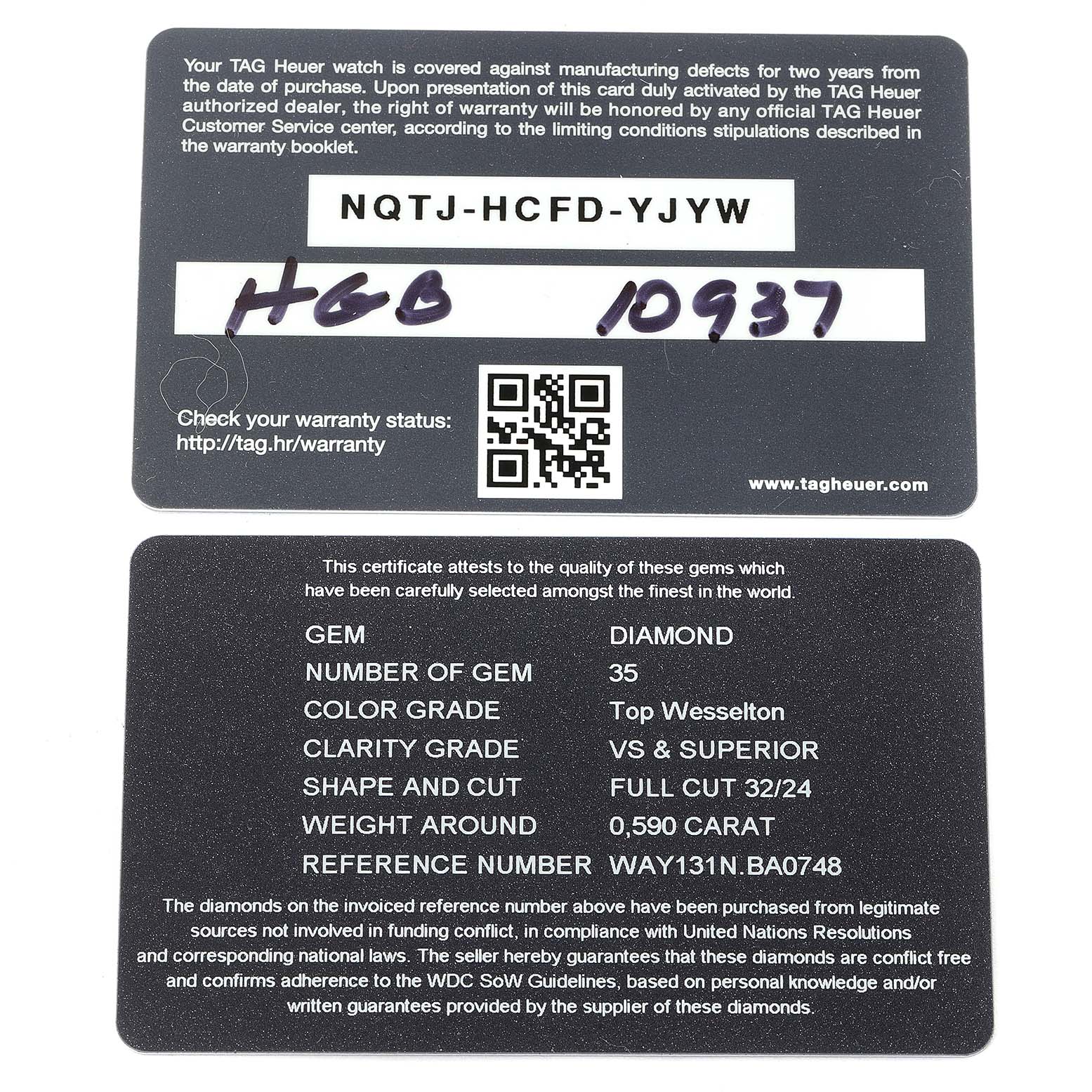 The image shows the front view of the warranty card and a certificate for the Aquaracer model by Tag Heuer.