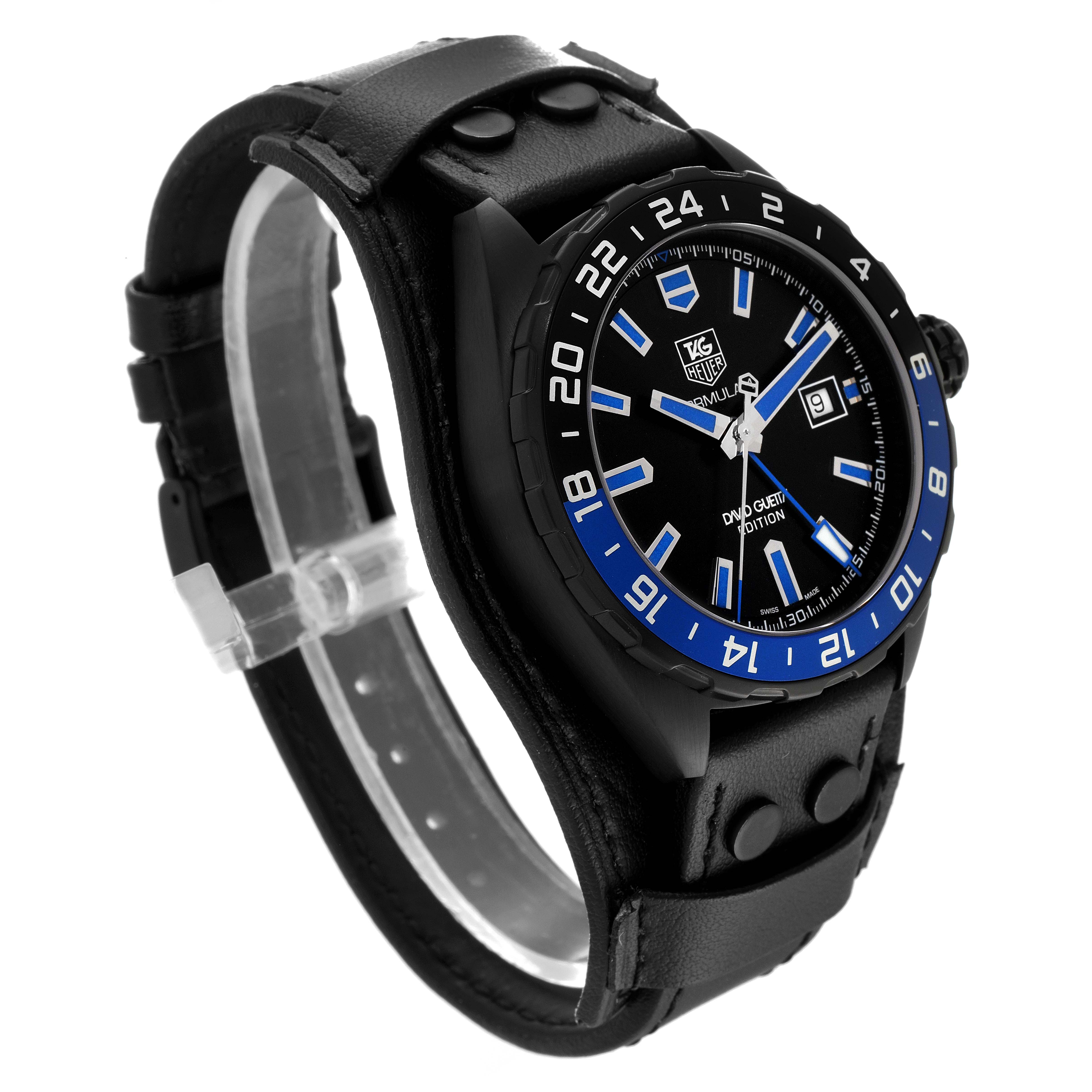 The Tag Heuer Formula 1 WAZ201A.FC8195 Men's Titanium Black Dial WAZ201A.FC8195 Men's Titanium Black Dial watch is shown from a slight angle, highlighting the face, bezel, and leather strap.