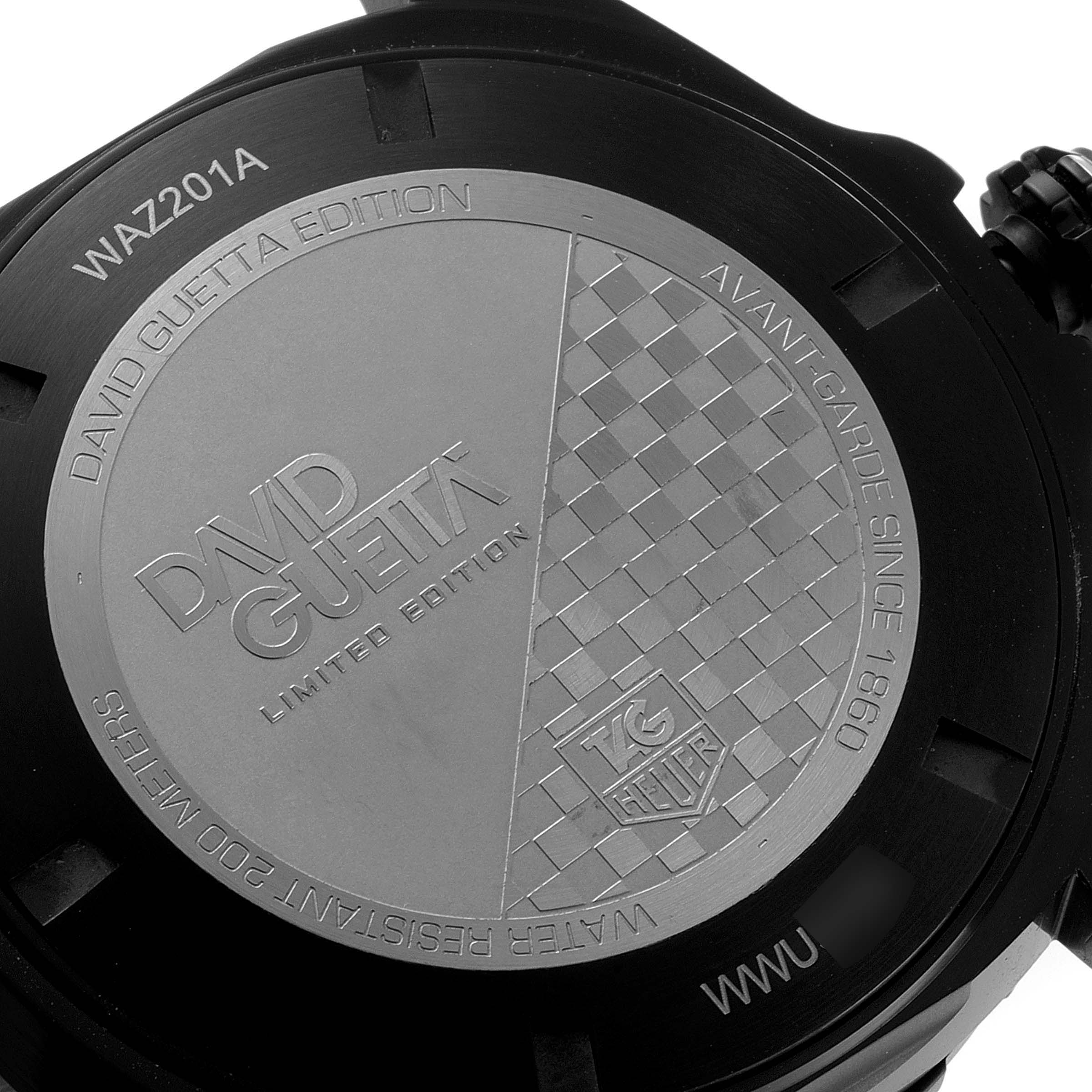 This is the back view of a Tag Heuer Formula 1 WAZ201A.FC8195 Men's Titanium Black Dial WAZ201A.FC8195 Men's Titanium Black Dial David Guetta Edition watch, showing the case back with engravings.