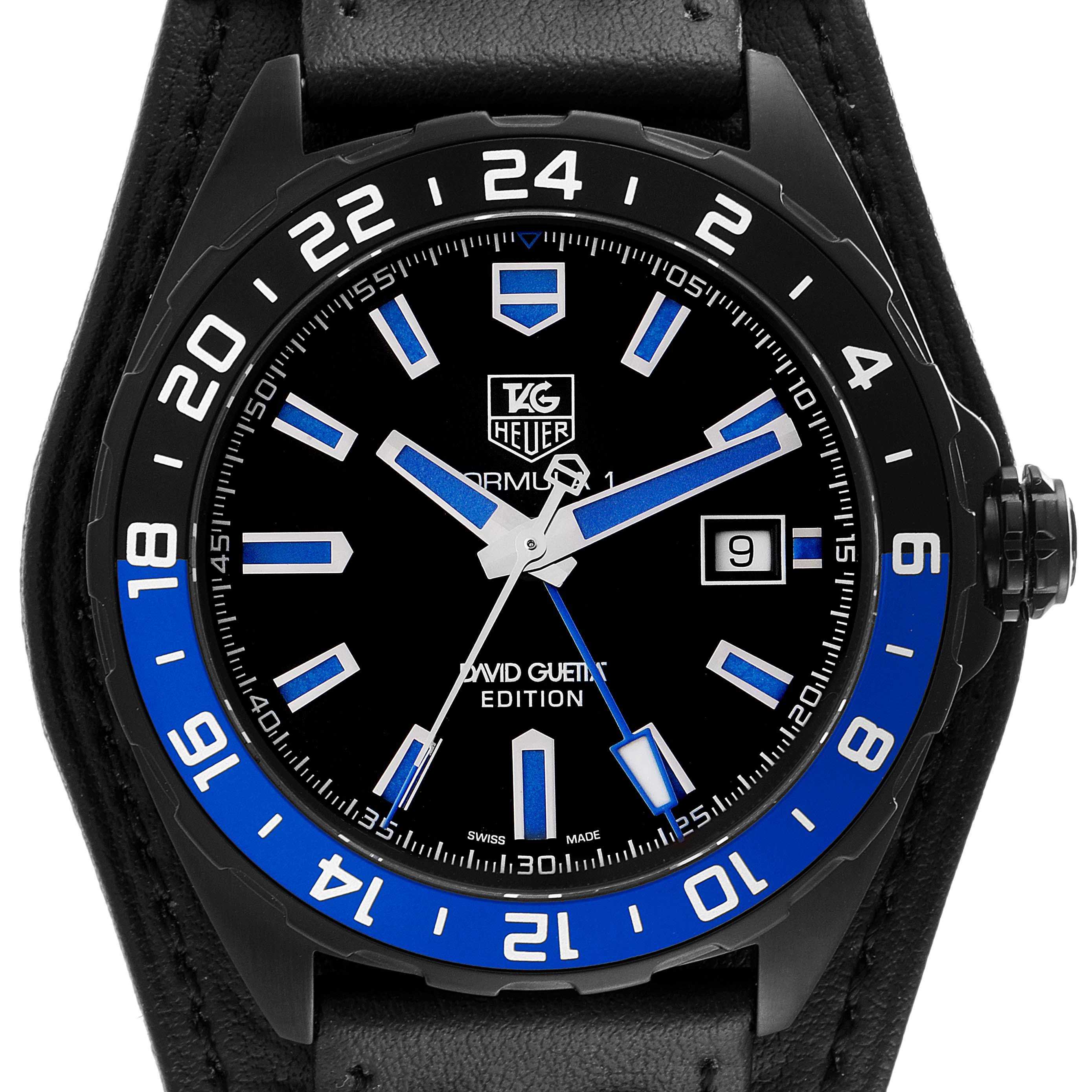 This image shows a close-up of the face and bezel of a Tag Heuer Formula 1 WAZ201A.FC8195 Men's Titanium Black Dial WAZ201A.FC8195 Men's Titanium Black Dial watch, David Guetta edition.