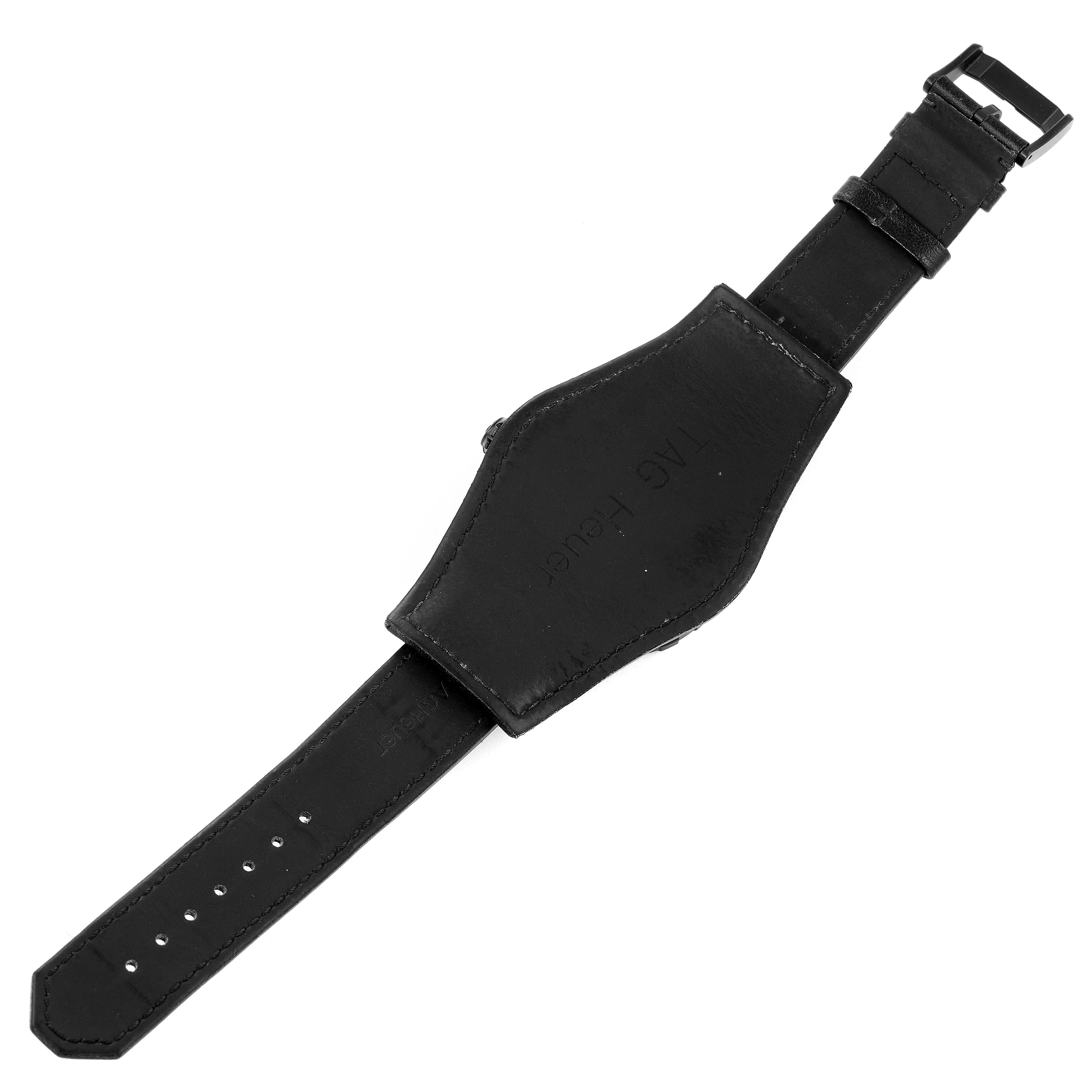 The image shows a Tag Heuer Formula 1 WAZ201A.FC8195 Men's Titanium Black Dial WAZ201A.FC8195 Men's Titanium Black Dial watch strap from a top-down angle, displaying the leather band and buckle.