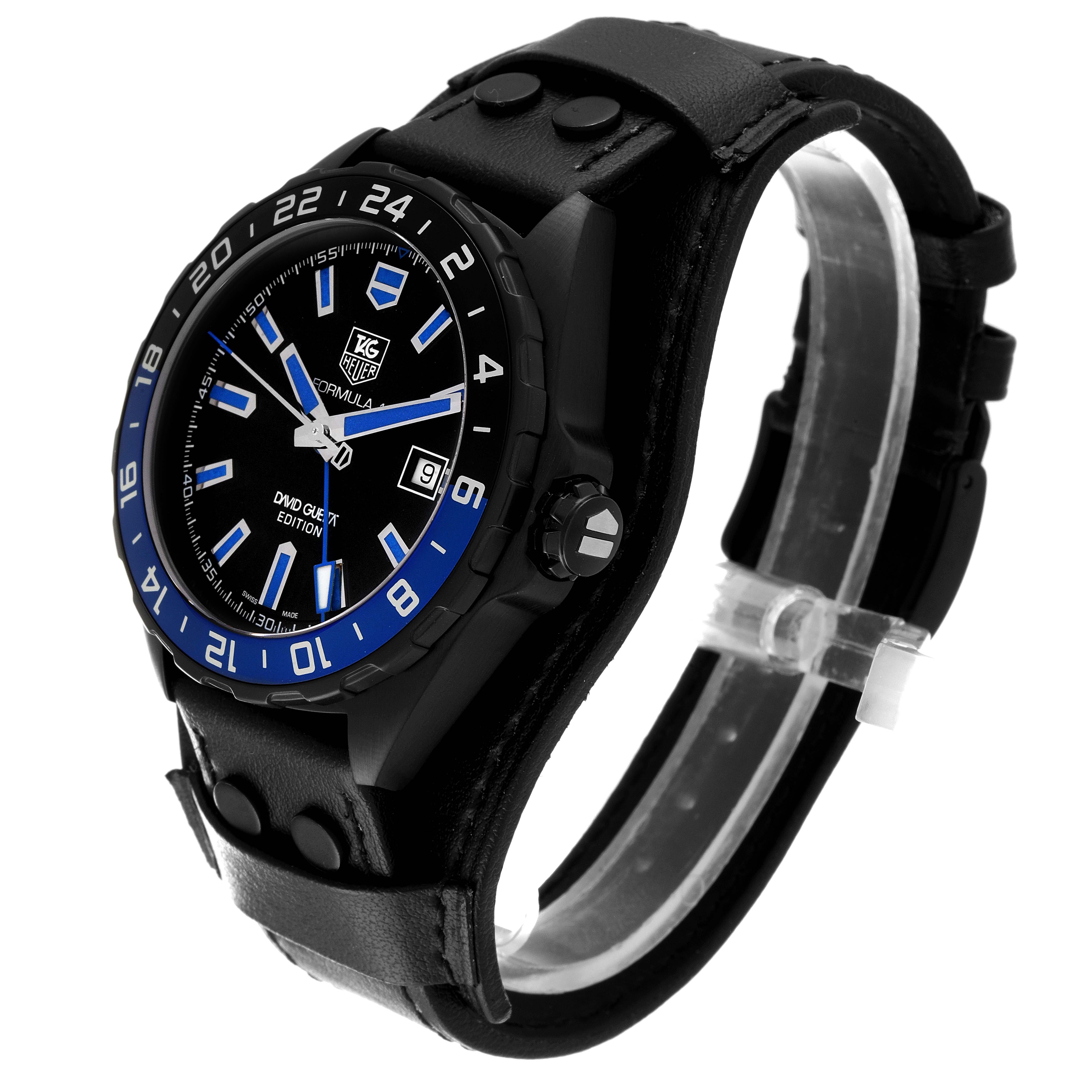 The image shows a Tag Heuer Formula 1 WAZ201A.FC8195 Men's Titanium Black Dial WAZ201A.FC8195 Men's Titanium Black Dial watch at a three-quarter angle, highlighting the face, bezel, crown, and leather strap.