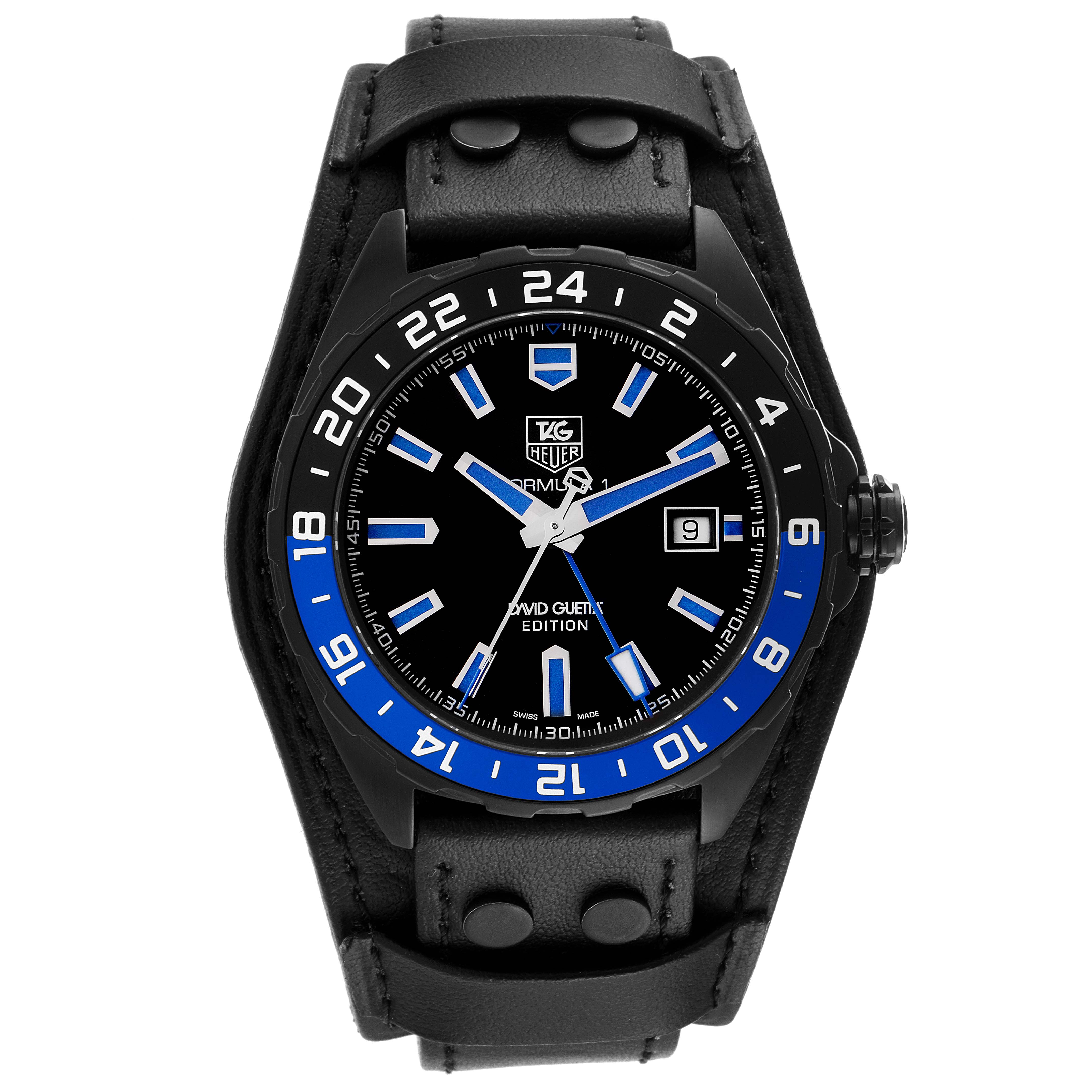 This is a front view of a Tag Heuer Formula 1 WAZ201A.FC8195 Men's Titanium Black Dial WAZ201A.FC8195 Men's Titanium Black Dial watch, showing the face, bezel, and leather strap.