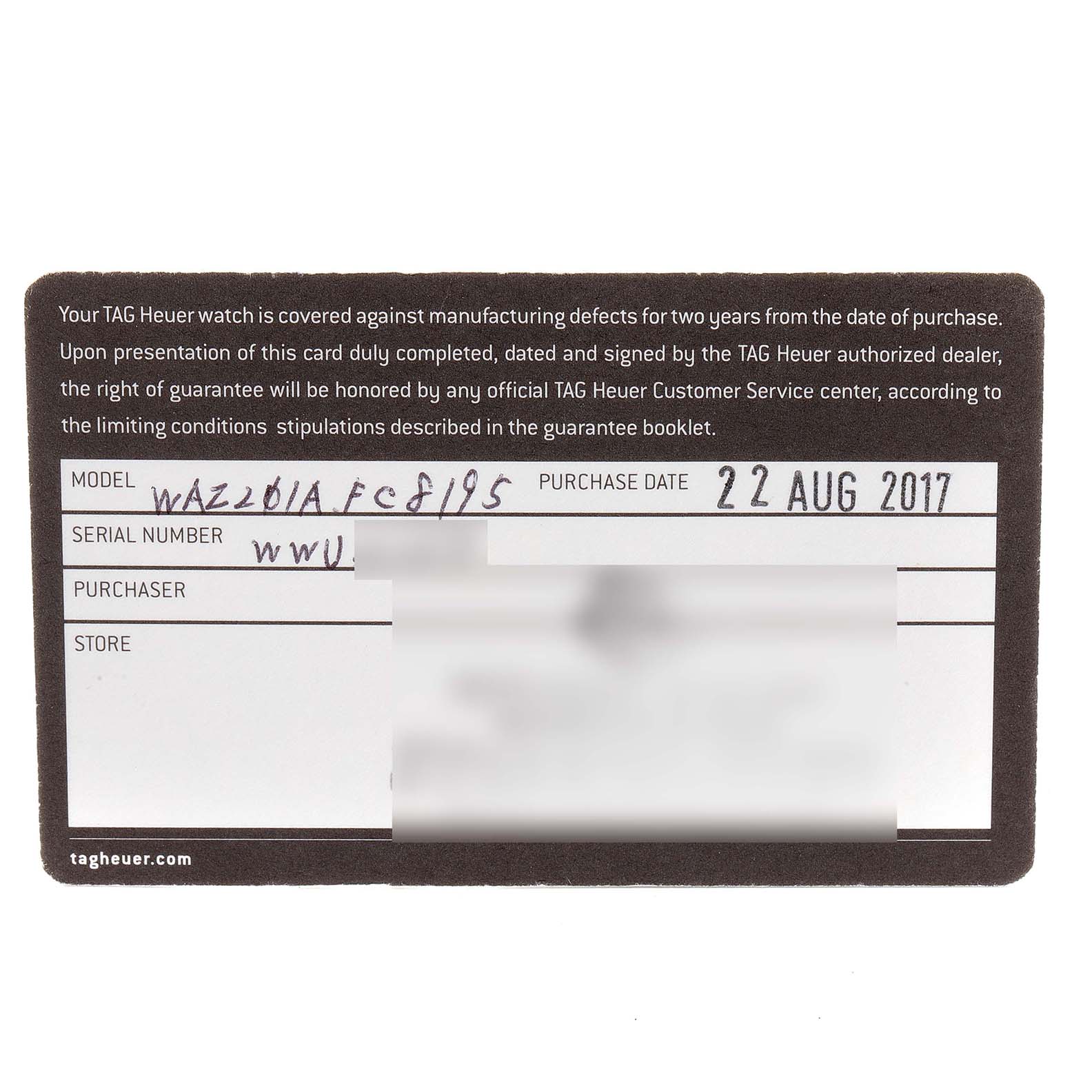 The image shows a guarantee card for a Tag Heuer Formula 1 WAZ201A.FC8195 Men's Titanium Black Dial WAZ201A.FC8195 Men's Titanium Black Dial watch with the model number WAZ201A.FC8195.