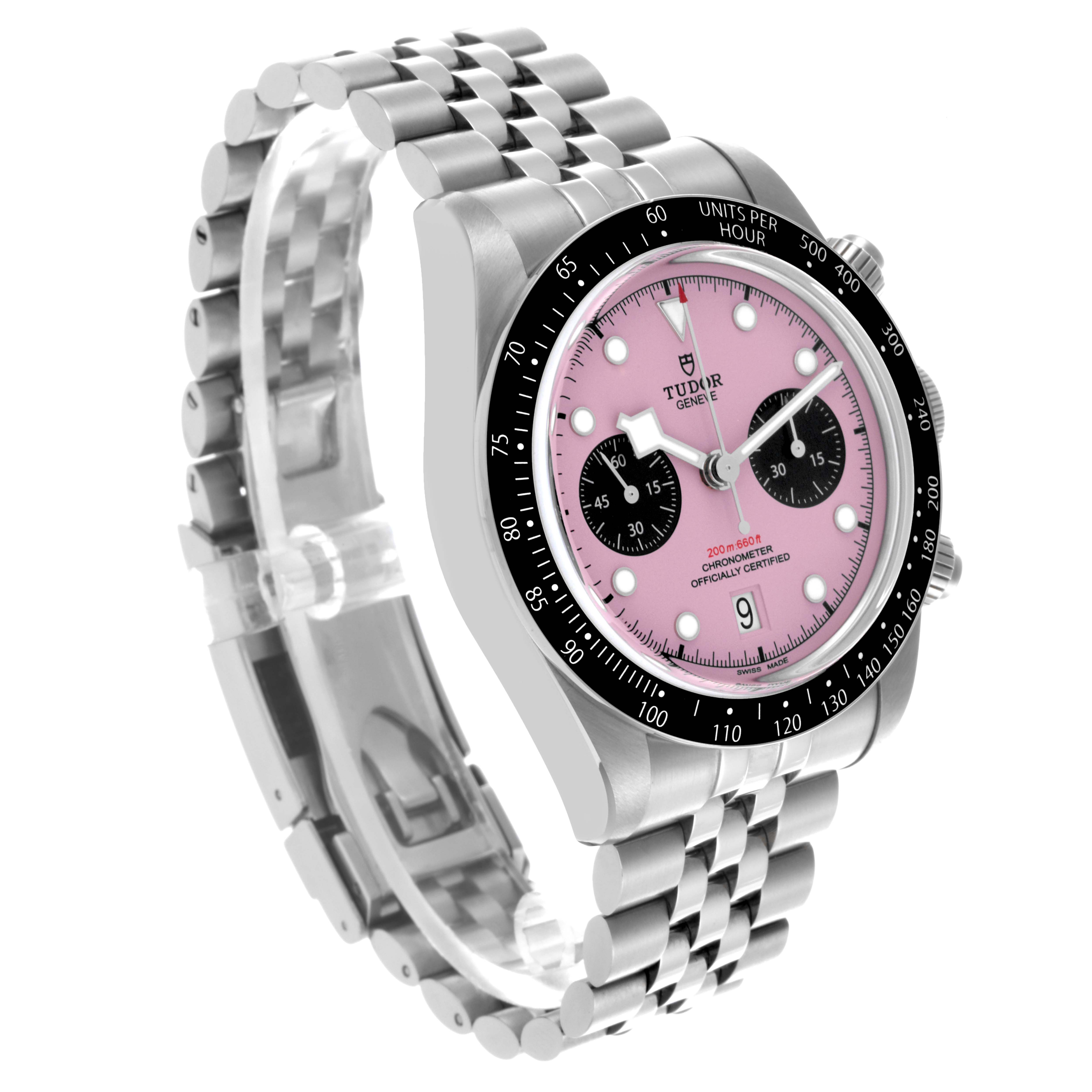 The image shows a Tudor Heritage Black Bay M79360N-0019 Men's Stainless Steel Pink Dial M79360N-0019 Men's Stainless Steel Pink Dial watch at a 3/4 angle, highlighting the pink dial, bezel, and bracelet.