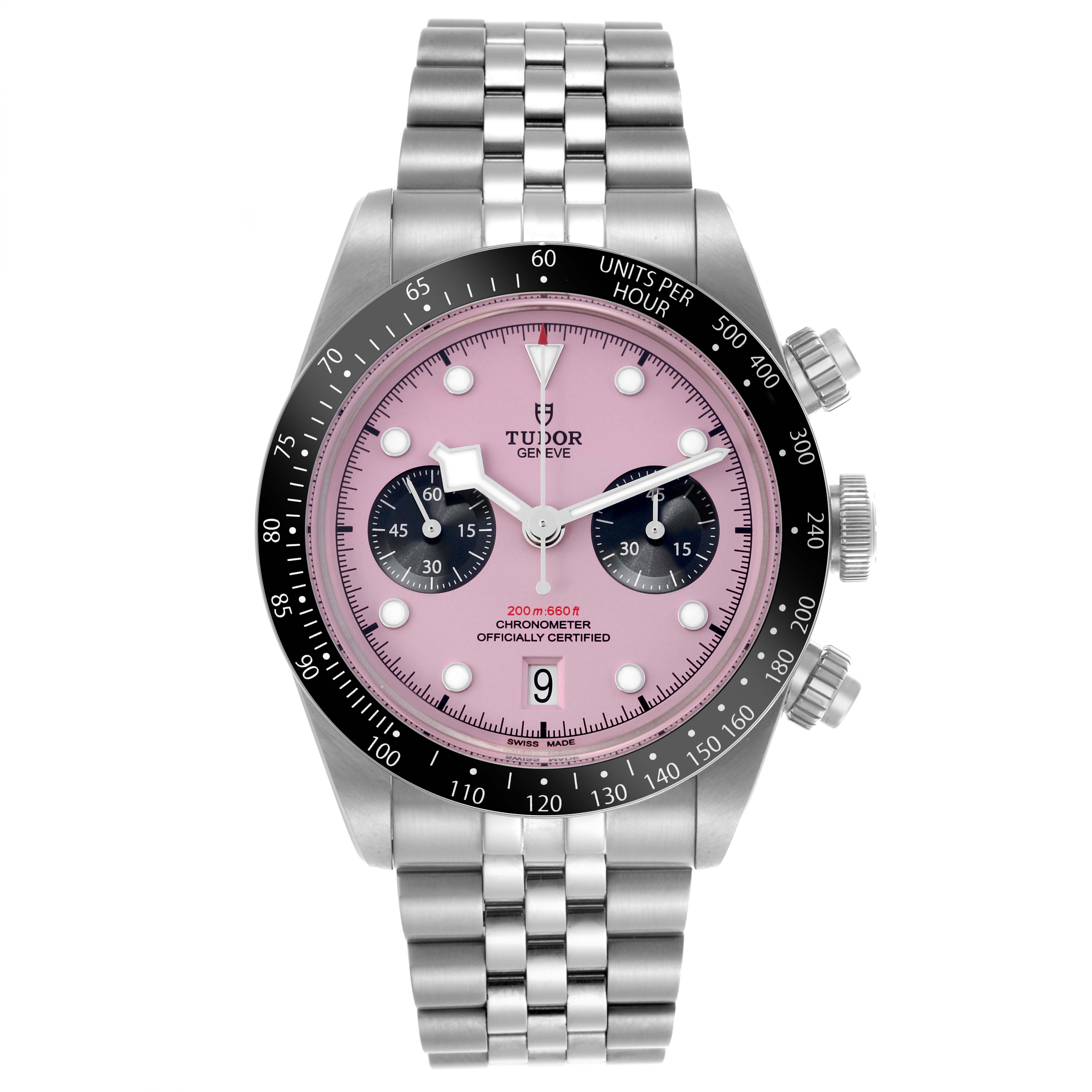 The Tudor Heritage Black Bay M79360N-0019 Men's Stainless Steel Pink Dial M79360N-0019 Men's Stainless Steel Pink Dial watch is shown front-facing with its pink dial, chronograph subdials, and stainless steel bracelet.