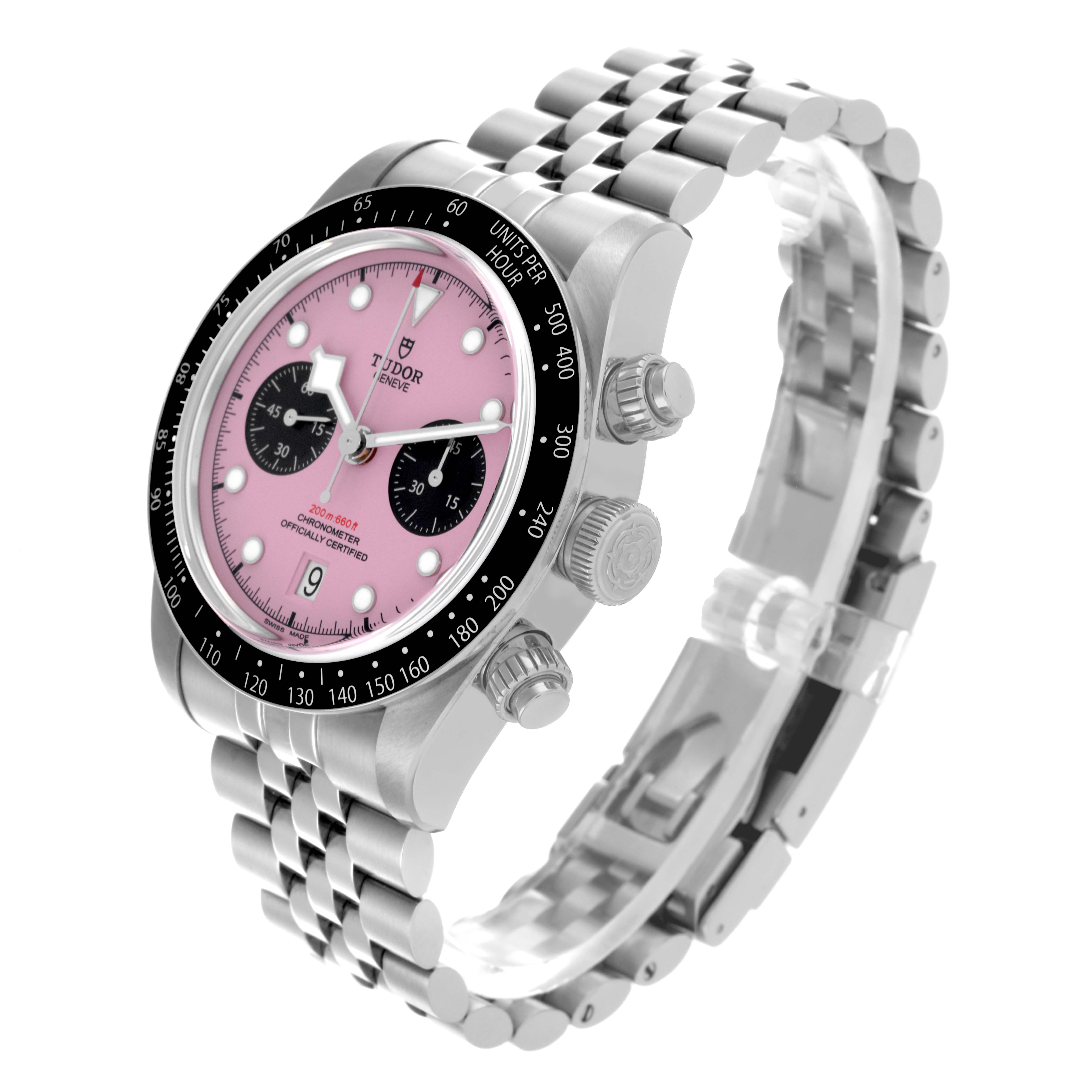 The Tudor Heritage Black Bay M79360N-0019 Men's Stainless Steel Pink Dial M79360N-0019 Men's Stainless Steel Pink Dial watch is shown at an angled view, highlighting the dial, bezel, crown, and bracelet.