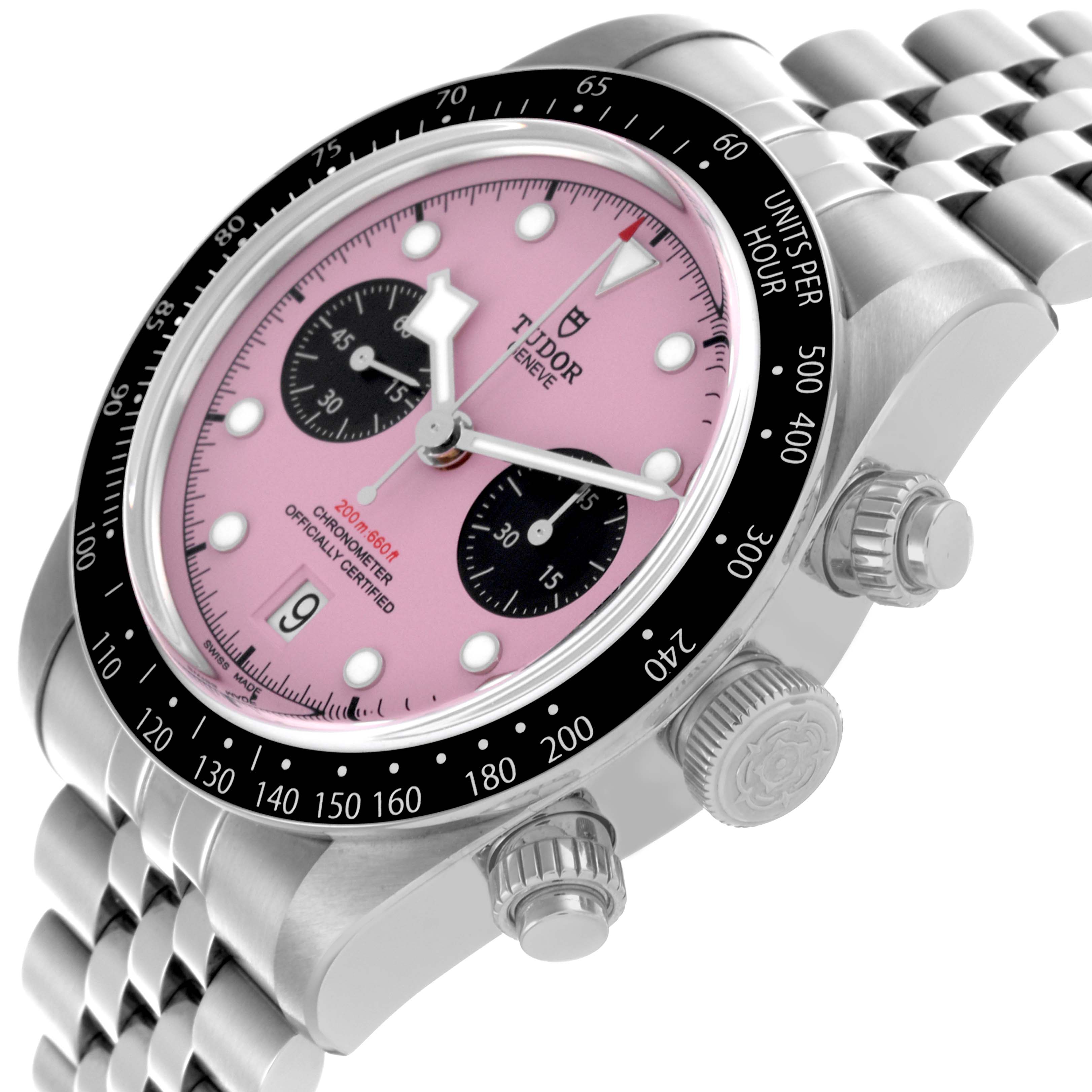 The Tudor Heritage Black Bay M79360N-0019 Men's Stainless Steel Pink Dial M79360N-0019 Men's Stainless Steel Pink Dial watch is shown at an angle highlighting the face, bezel, crown, and bracelet.
