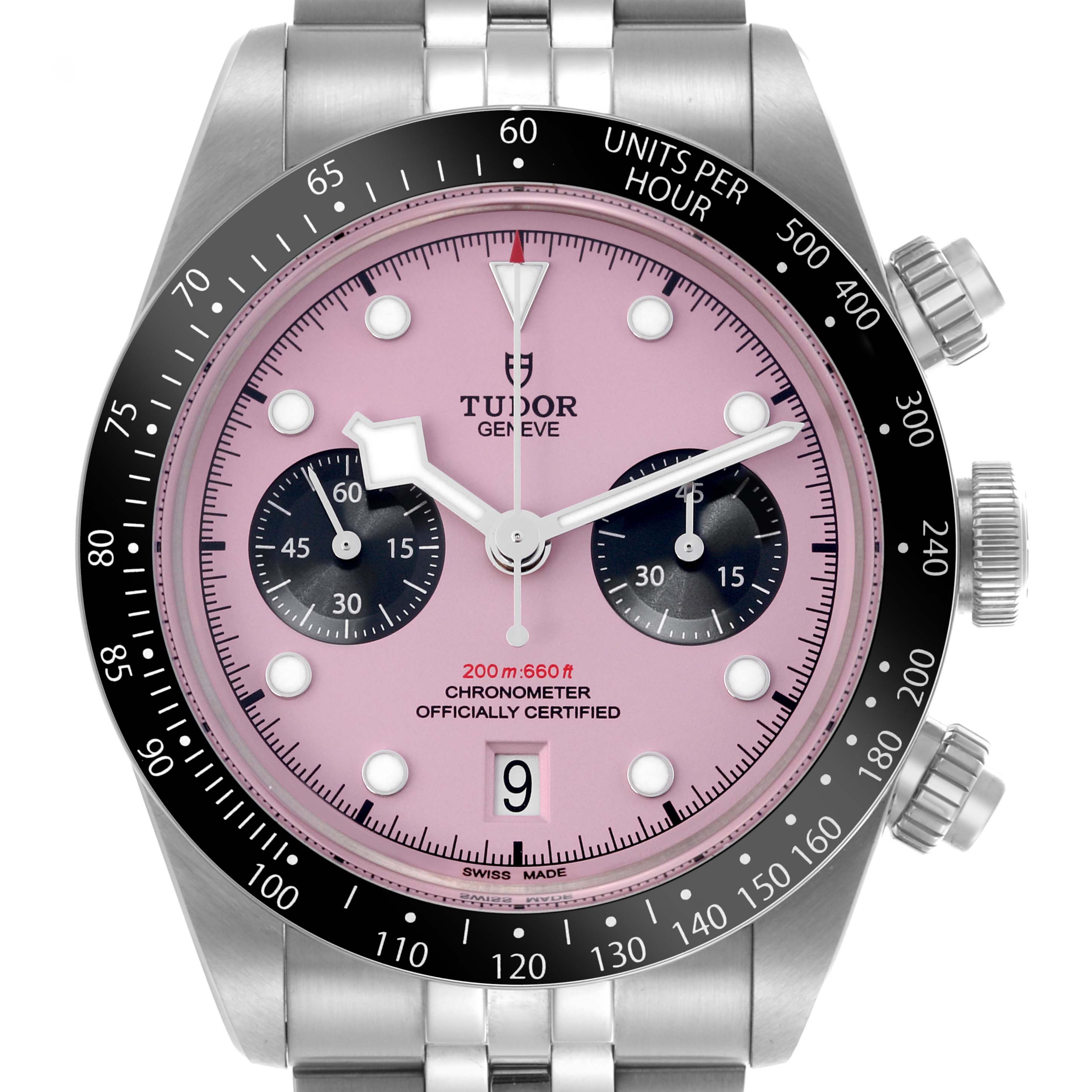 The Tudor Heritage Black Bay M79360N-0019 Men's Stainless Steel Pink Dial M79360N-0019 Men's Stainless Steel Pink Dial watch is shown from the front, displaying its pink dial, subdials, bezel, and bracelet.