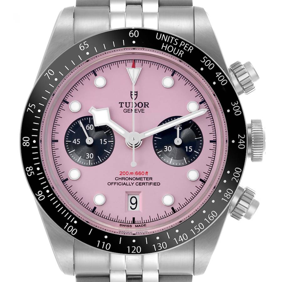 The Tudor Heritage Black Bay watch is shown from the front, displaying its pink dial, subdials, bezel, and bracelet.