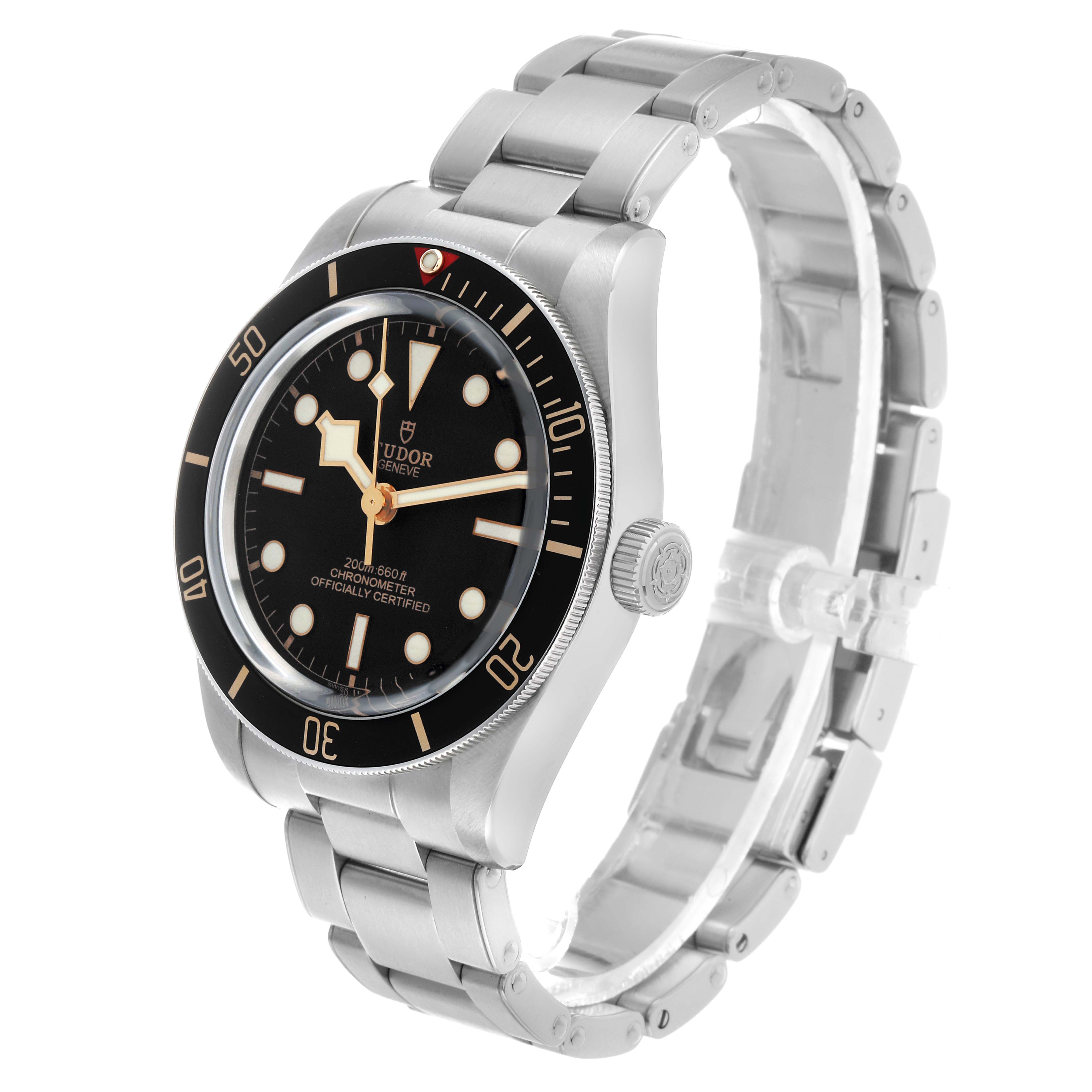 The Tudor Heritage Black Bay M79030N-0001 Men's Stainless Steel Black Dial watch is shown at a three-quarter angle, displaying its bezel, dial, bracelet, and crown.