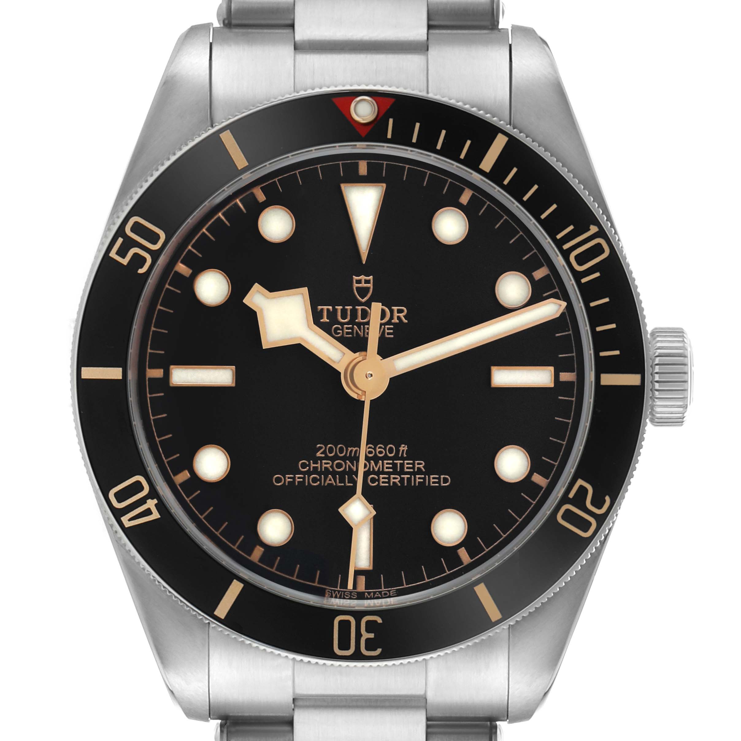 The Tudor Heritage Black Bay M79030N-0001 Men's Stainless Steel Black Dial watch is shown from a front angle, highlighting the dial, bezel, and part of the bracelet.
