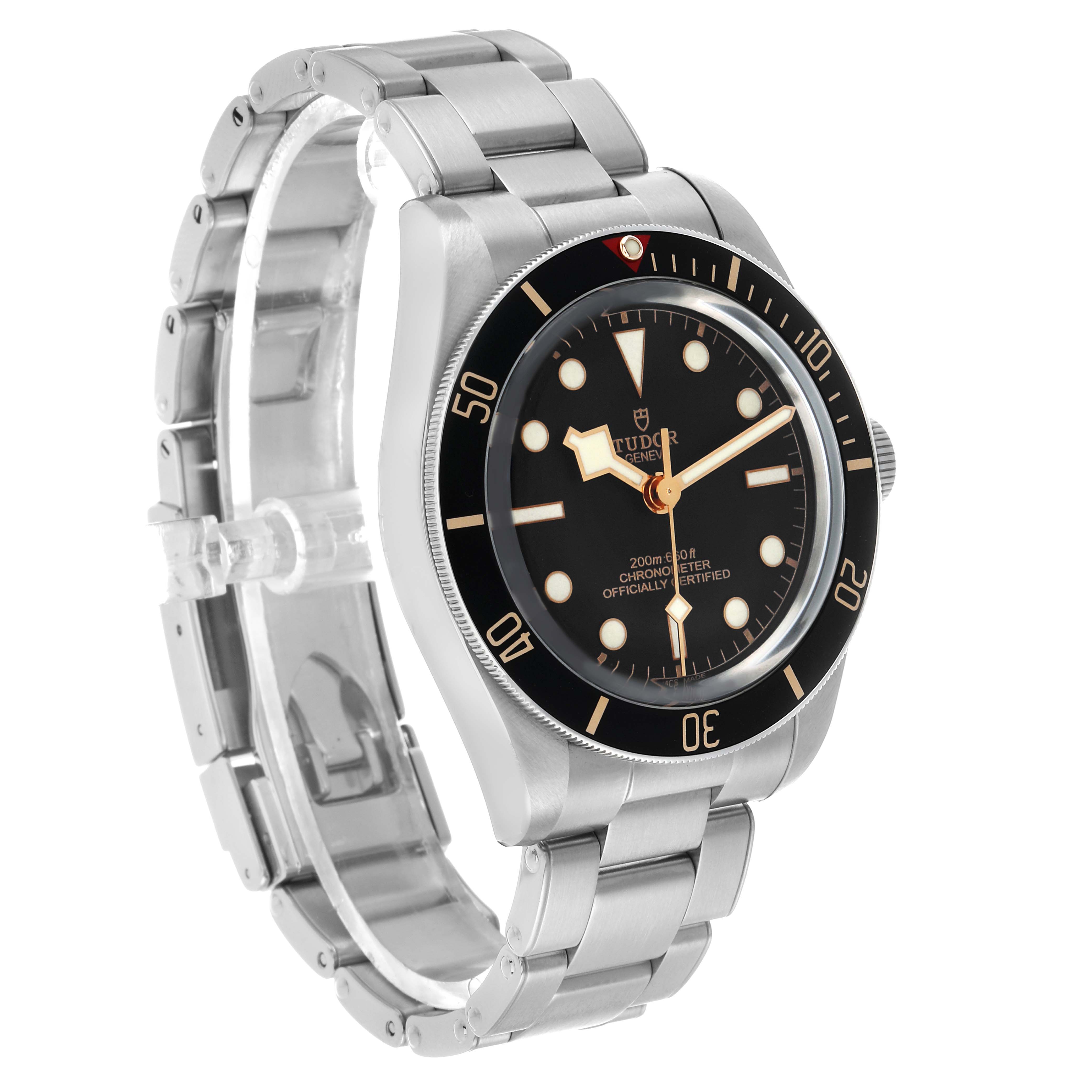 The Tudor Heritage Black Bay M79030N-0001 Men's Stainless Steel Black Dial watch is shown at a three-quarter angle, displaying the face, bezel, crown, and bracelet.