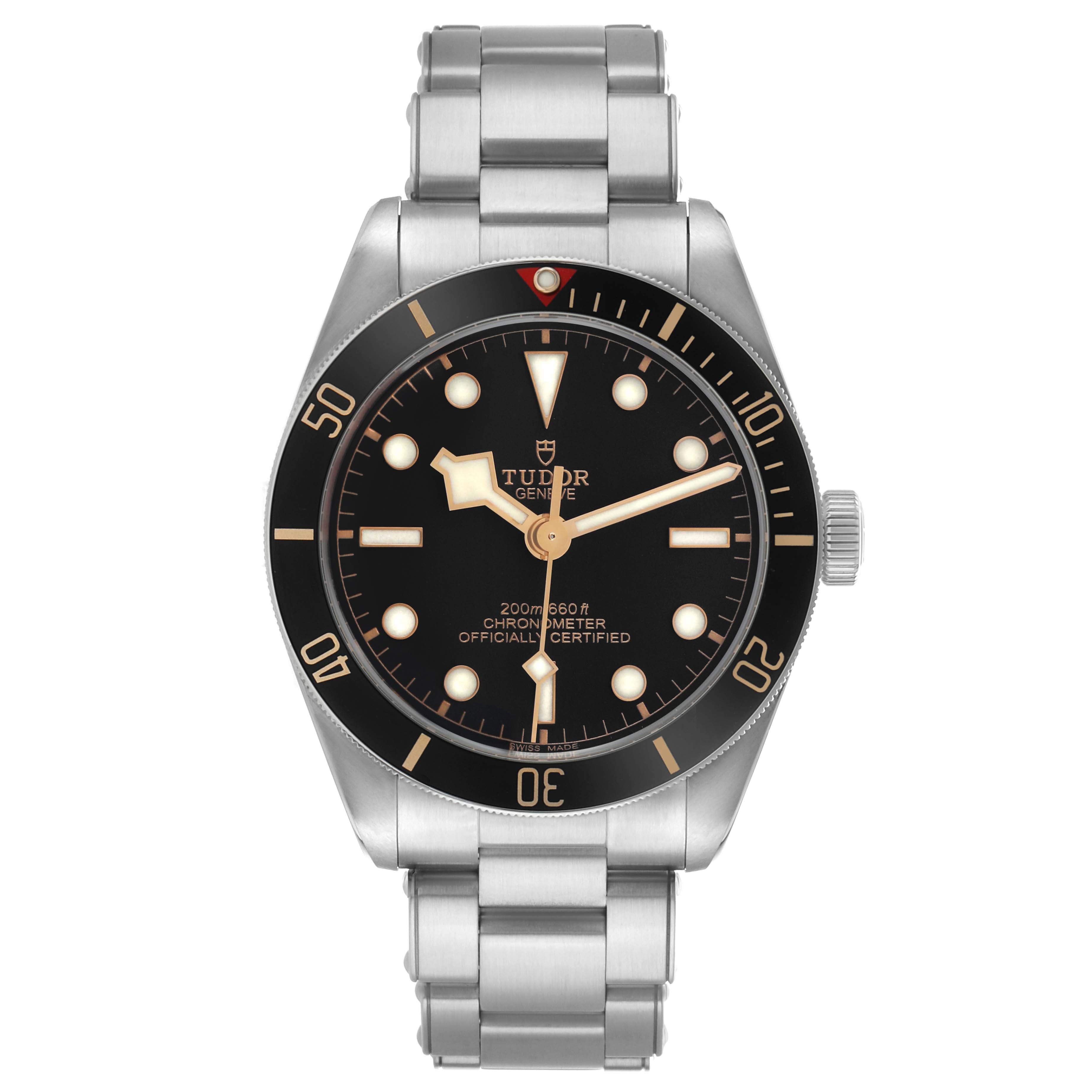 The Tudor Heritage Black Bay M79030N-0001 Men's Stainless Steel Black Dial is shown from a front angle, displaying its face, bezel, and bracelet.