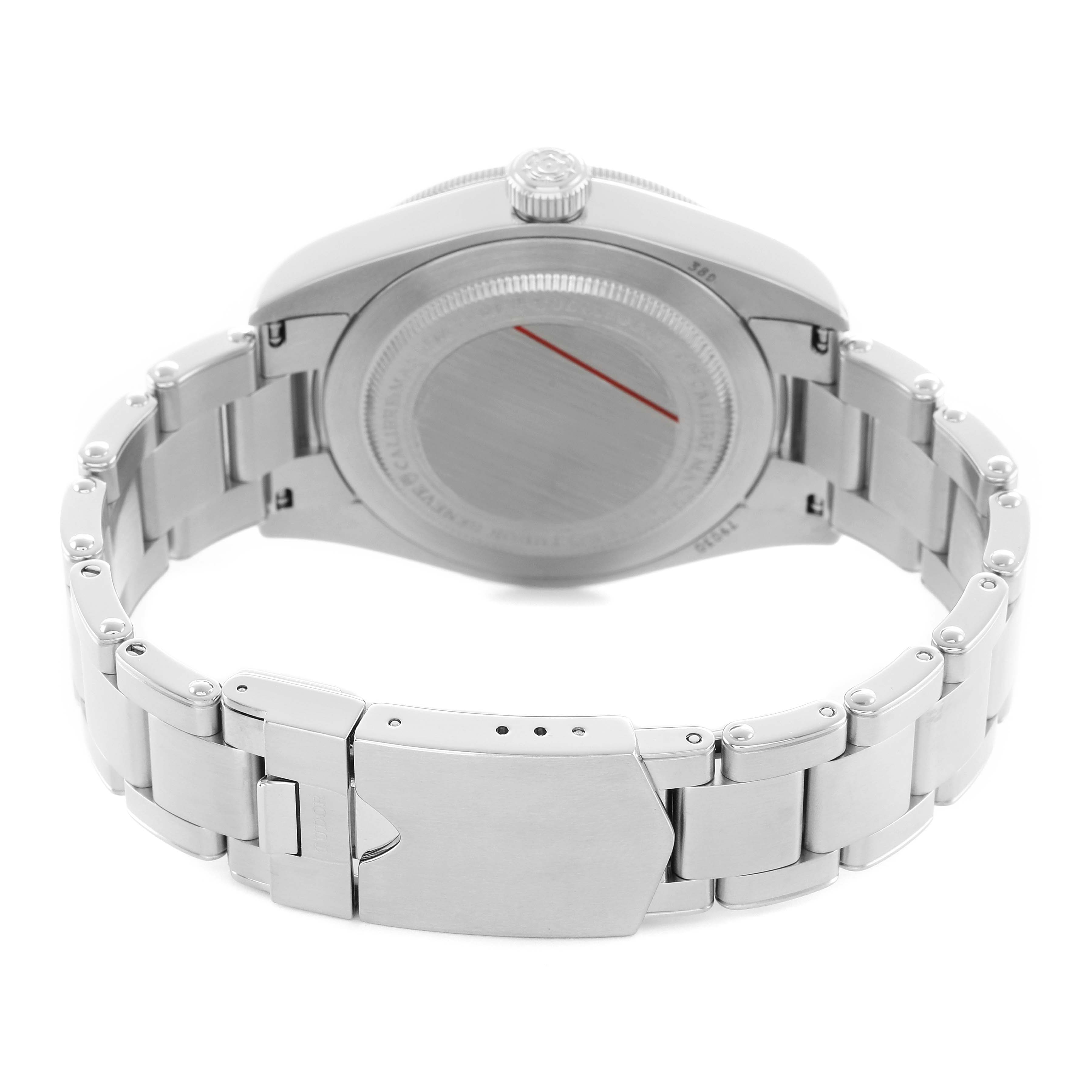 The image shows the back and bracelet of a Tudor Heritage Black Bay M79030N-0001 Men's Stainless Steel Black Dial watch, viewed from a rear angle with an open clasp.