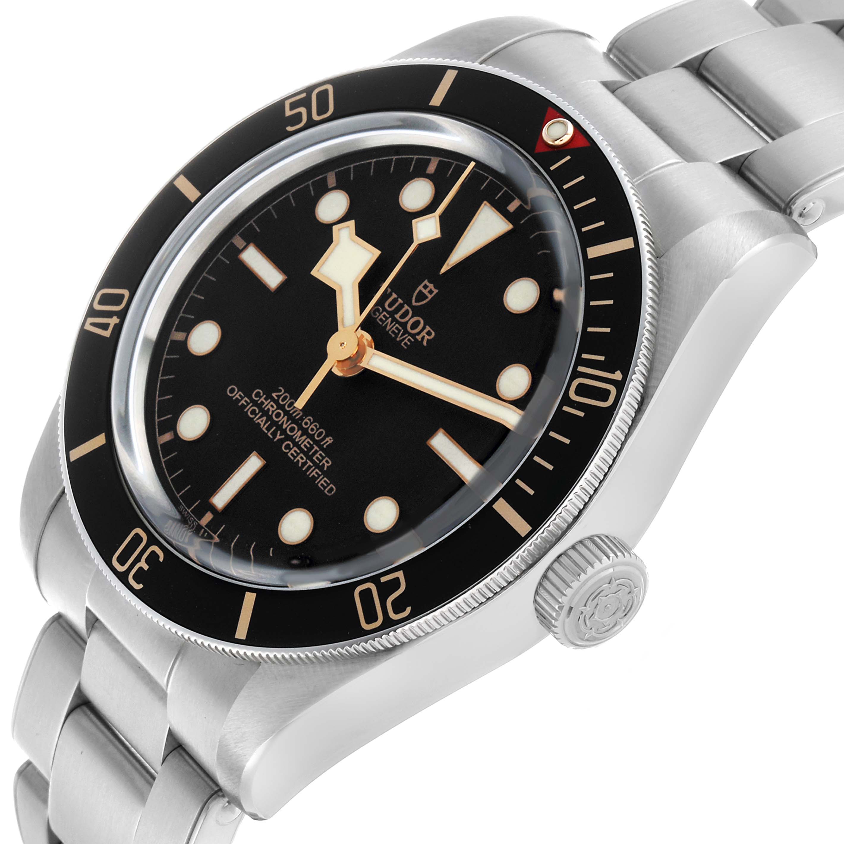 The Tudor Heritage Black Bay M79030N-0001 Men's Stainless Steel Black Dial watch is shown at an angled side view, highlighting its black dial, bezel, and stainless steel bracelet.