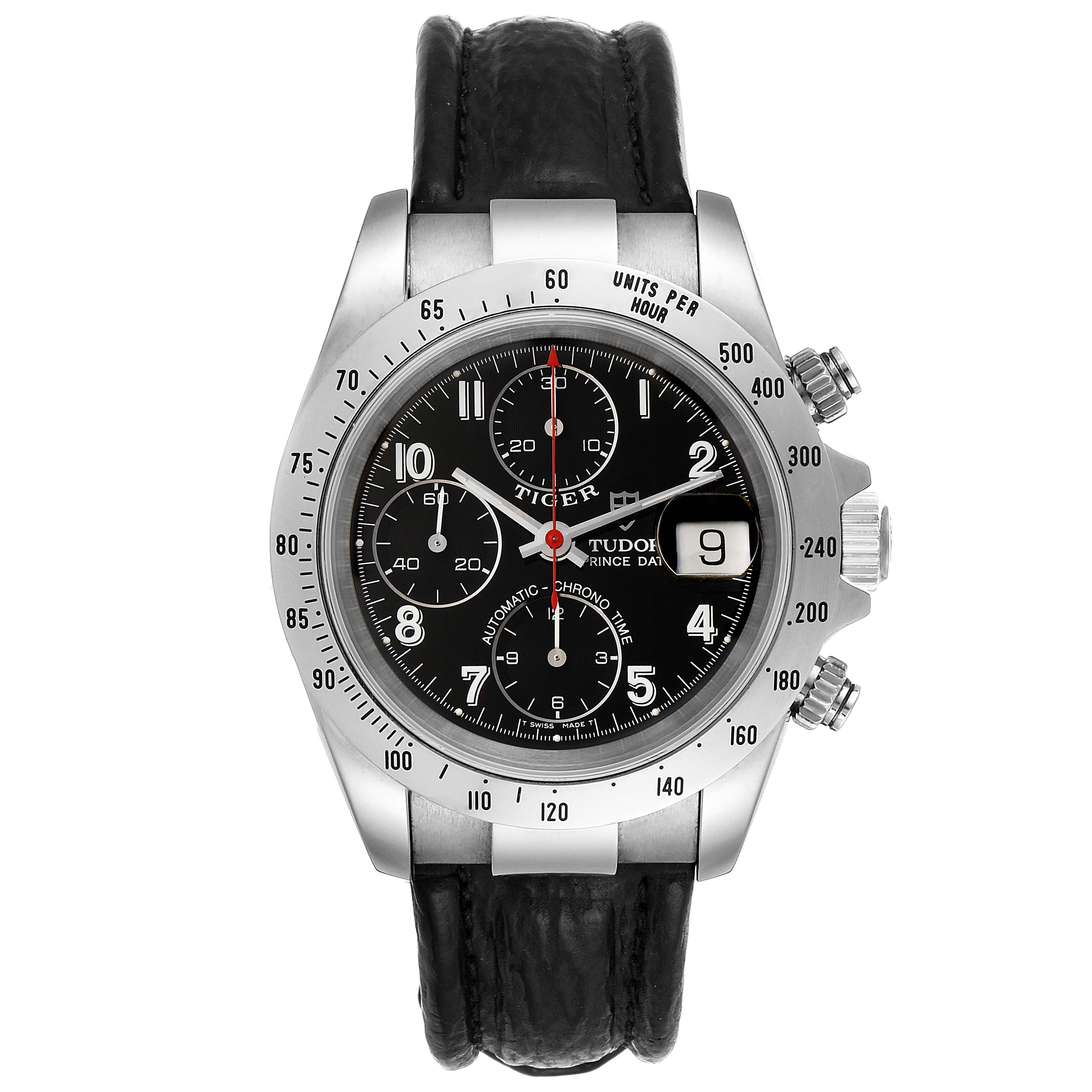 The image shows a frontal view of the Tudor Tiger 79280 Men's Stainless Steel Black Dial 79280 Men's Stainless Steel Black Dial model watch, highlighting its black dial, chronograph functions, and leather strap.