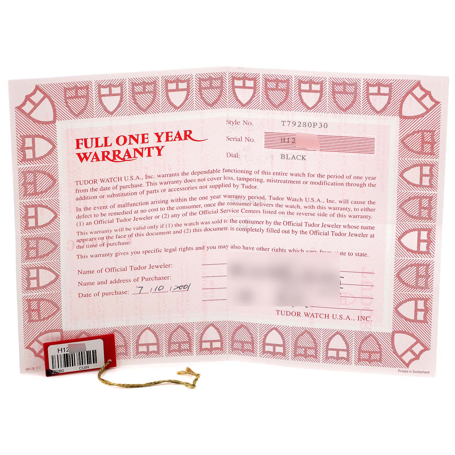 The image shows the warranty certificate and tag for the Tudor Tiger 79280 Men's Stainless Steel Black Dial 79280 Men's Stainless Steel Black Dial model watch, detailing warranty terms and purchase information.