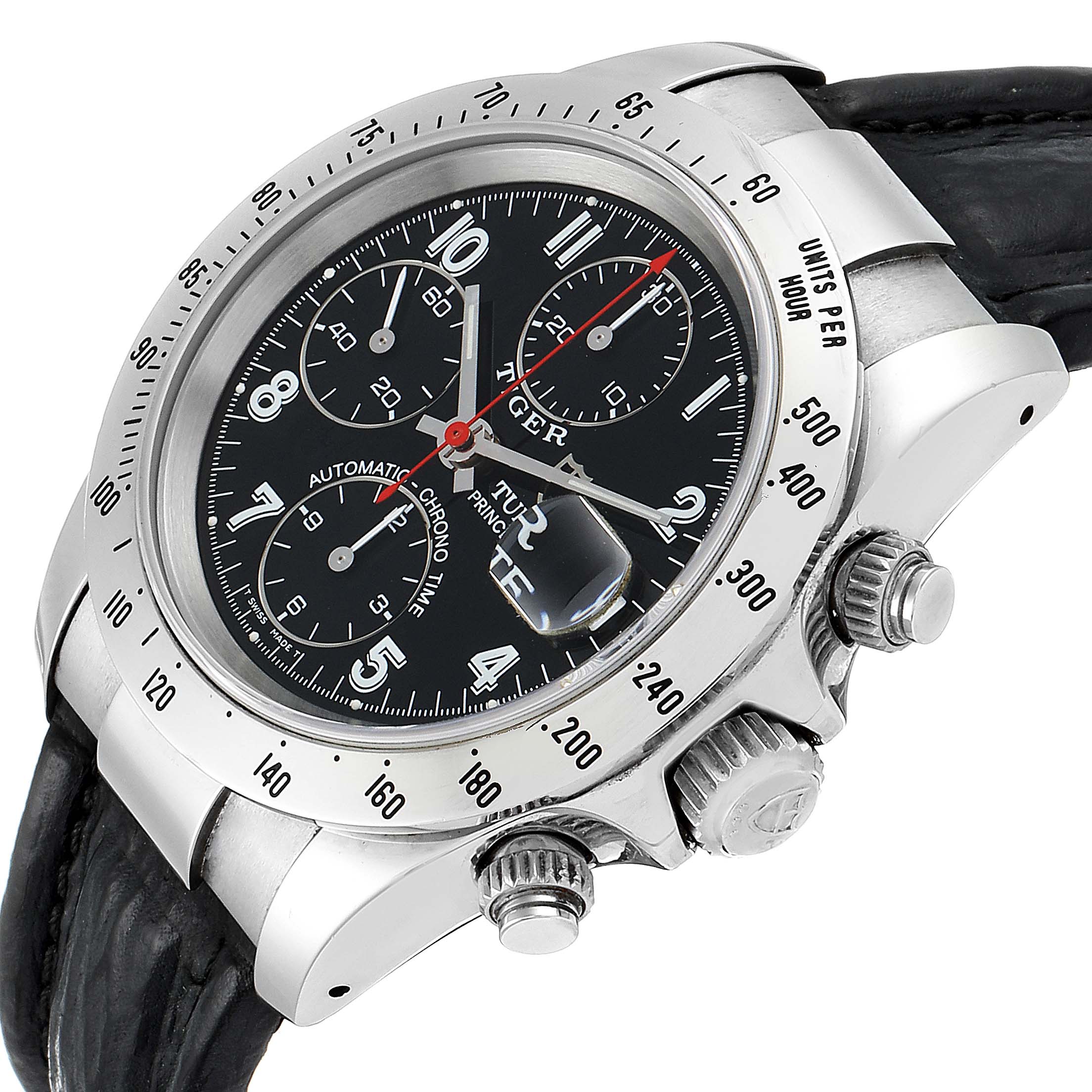 The image shows a close-up, angled view of the Tudor Tiger 79280 Men's Stainless Steel Black Dial 79280 Men's Stainless Steel Black Dial watch’s dial, bezel, and crown.