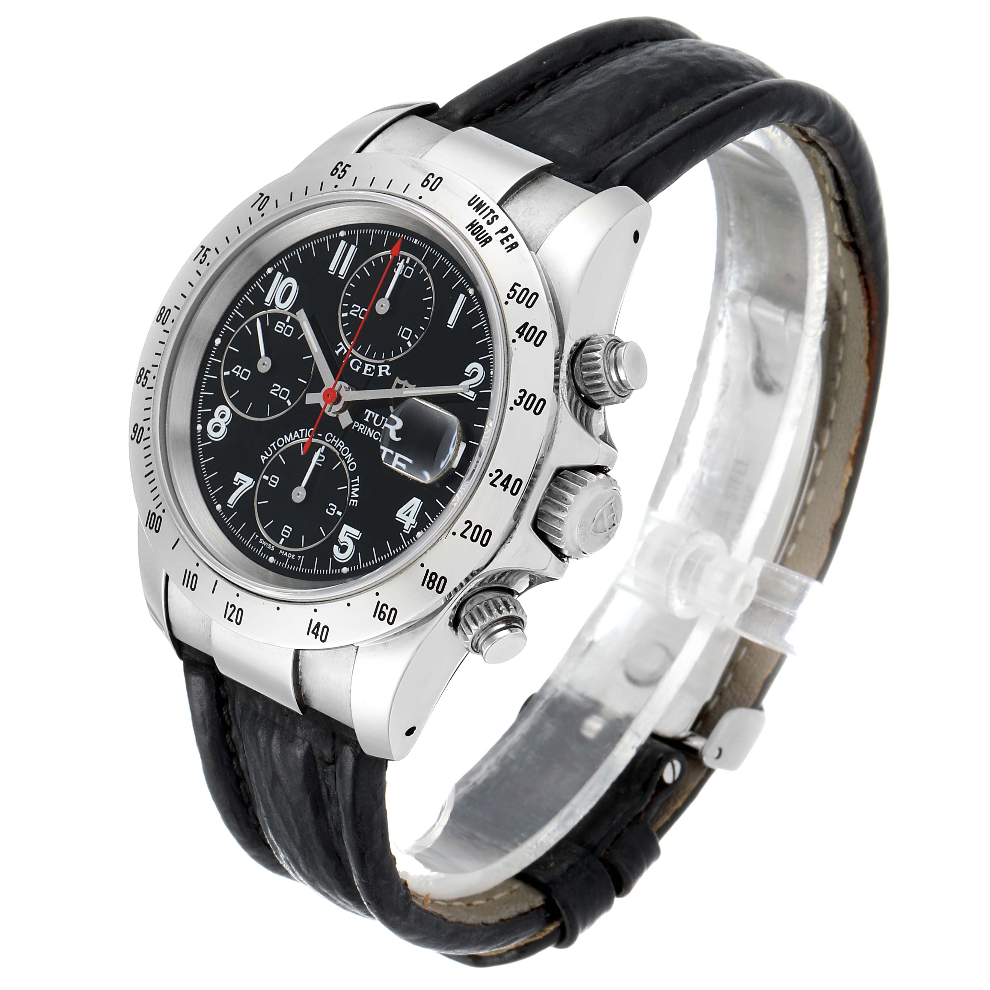 The Tudor Tiger 79280 Men's Stainless Steel Black Dial 79280 Men's Stainless Steel Black Dial watch is shown at a three-quarter angle, highlighting its face, bezel, crown, and leather strap.