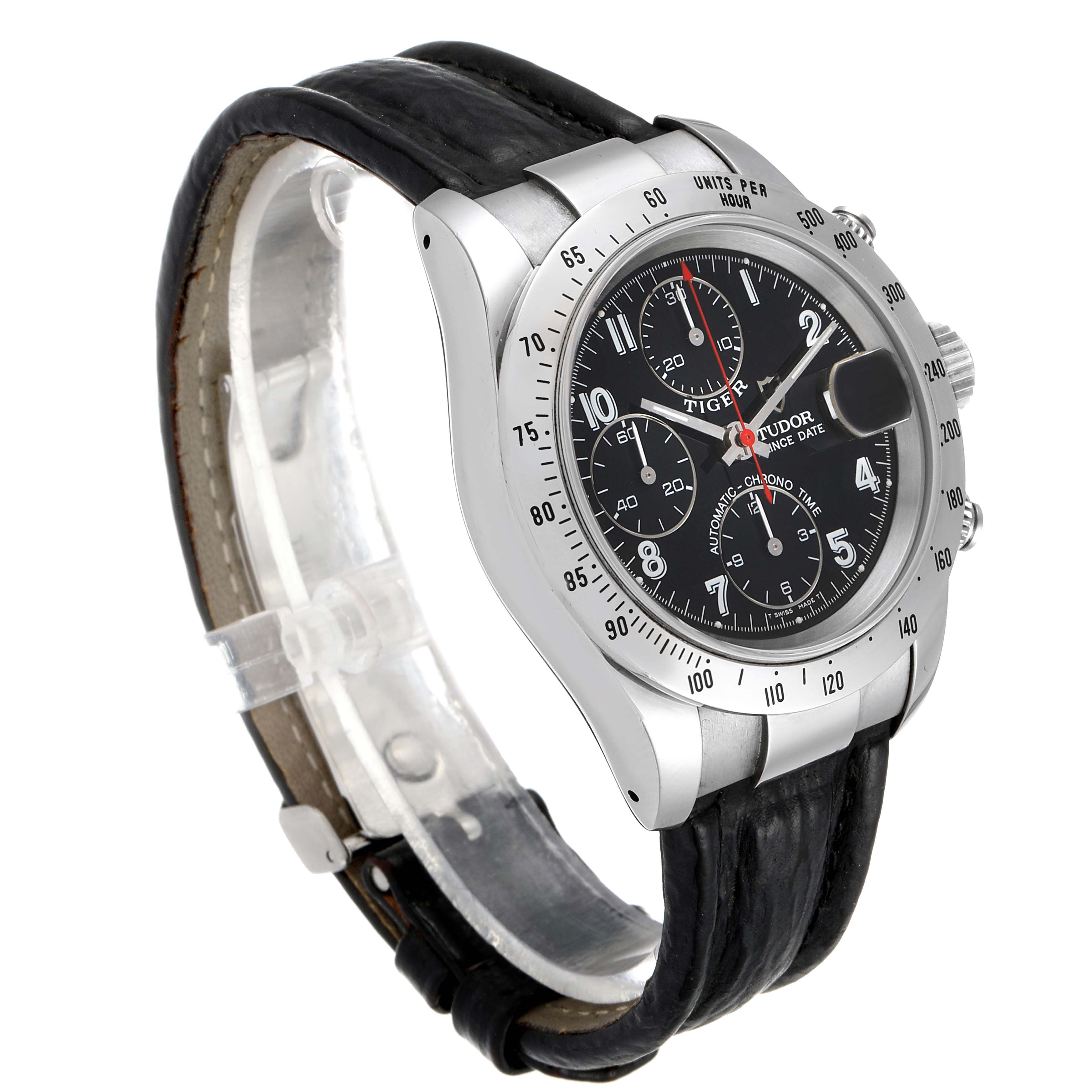 The Tiger model by Tudor watch is shown at an angled view, highlighting its dial, bezel, and leather strap.