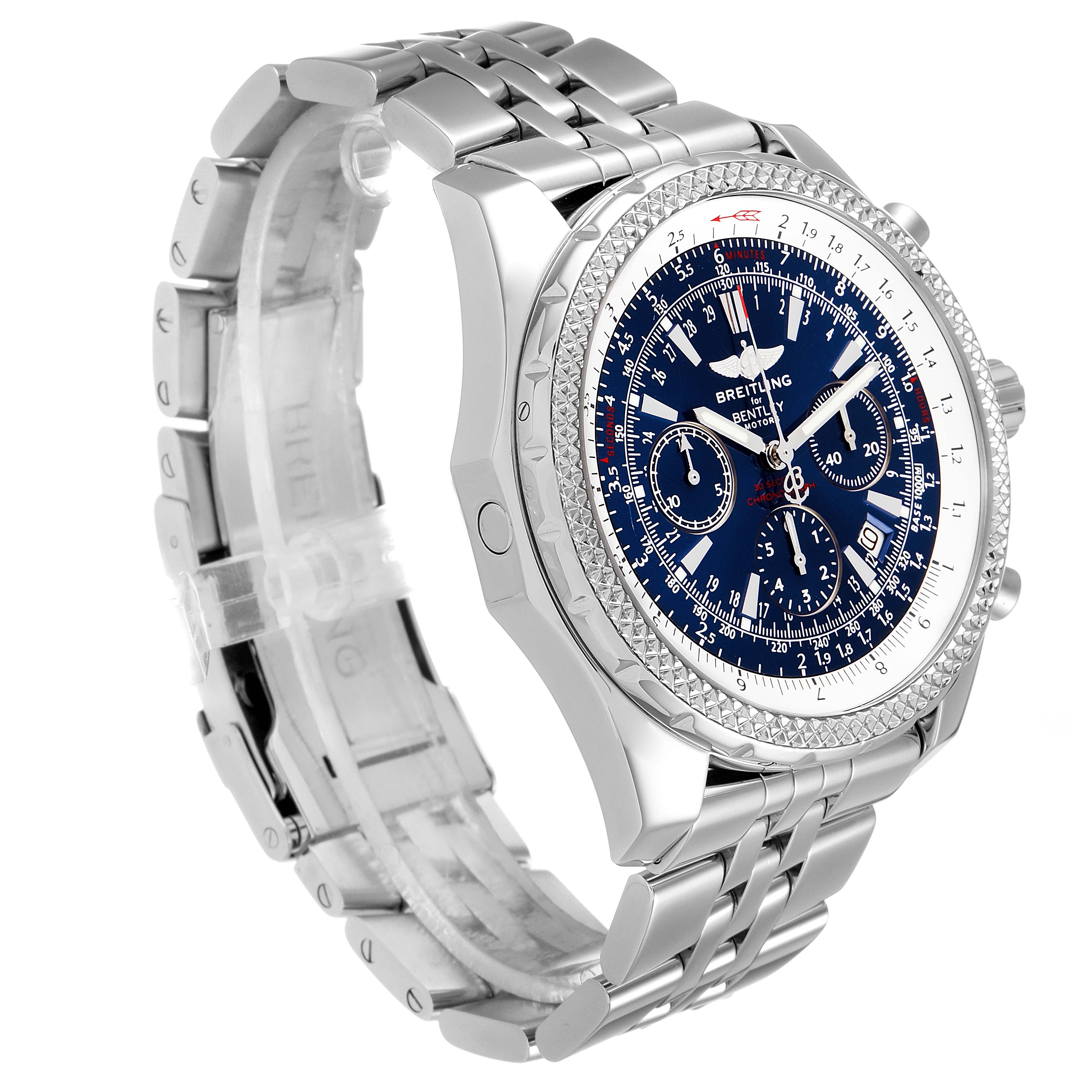 The image shows a side angle of the Breitling Bentley A25362 Men's Stainless Steel Blue Dial A25362 Men's Stainless Steel Blue Dial model, highlighting the band, bezel, and dial design with a blue face.