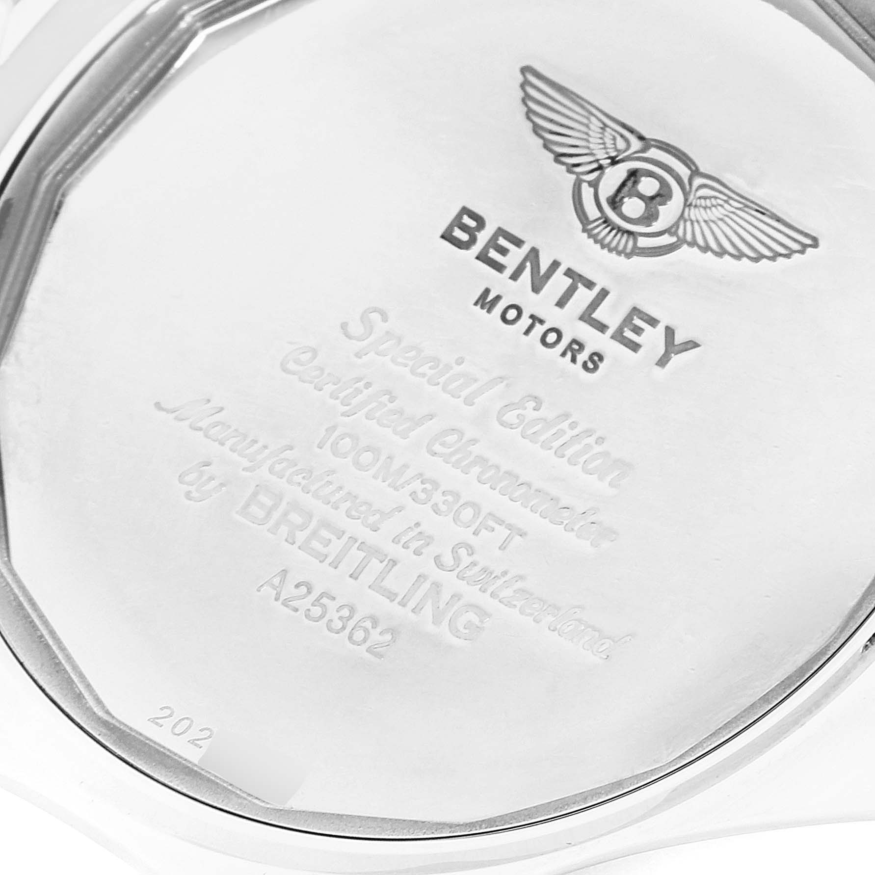 The image shows the case back of a Bentley model by Breitling, highlighting the engravings and branding.