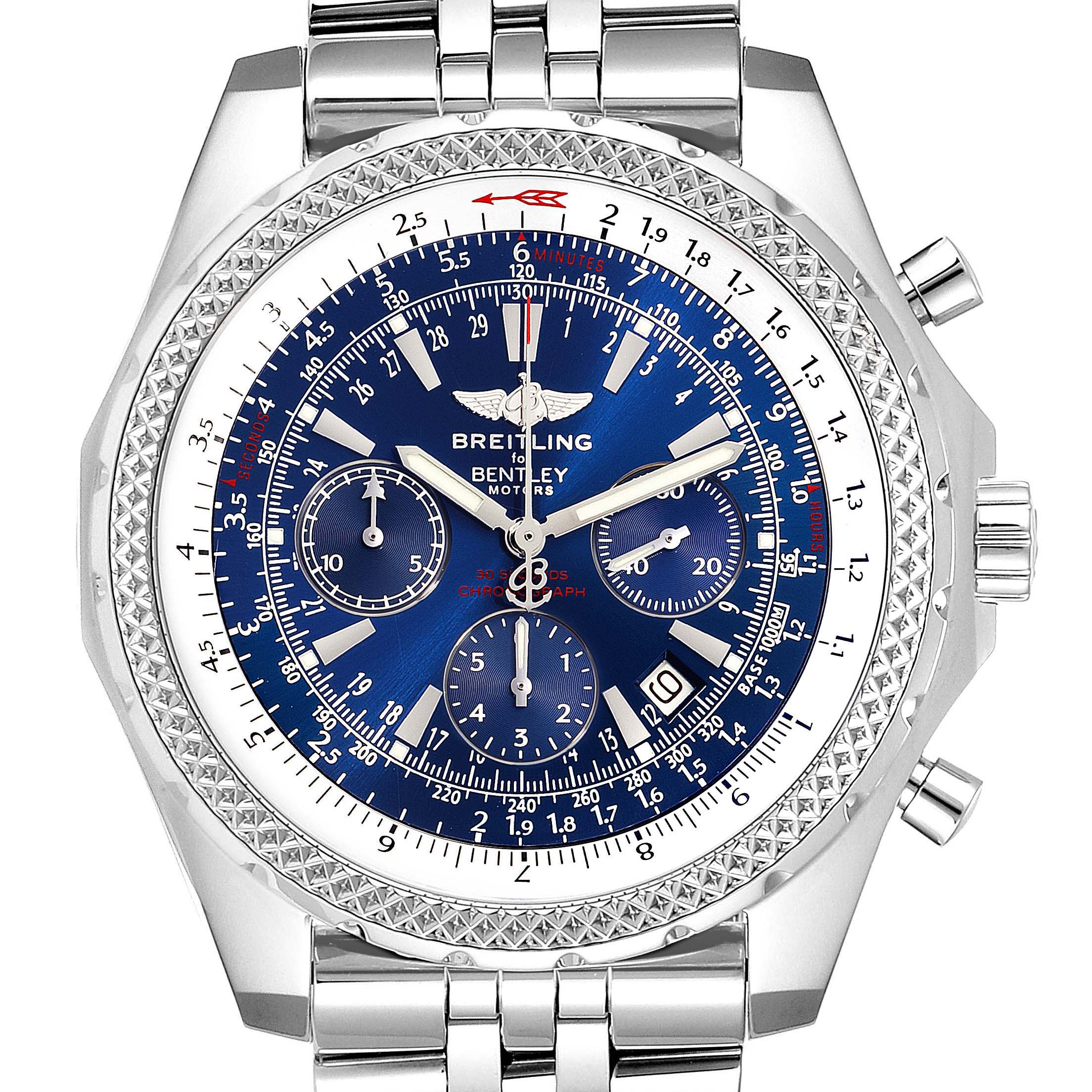 The image shows a front view of the Breitling Bentley A25362 Men's Stainless Steel Blue Dial A25362 Men's Stainless Steel Blue Dial watch, highlighting the blue dial, subdials, bezel, and bracelet.