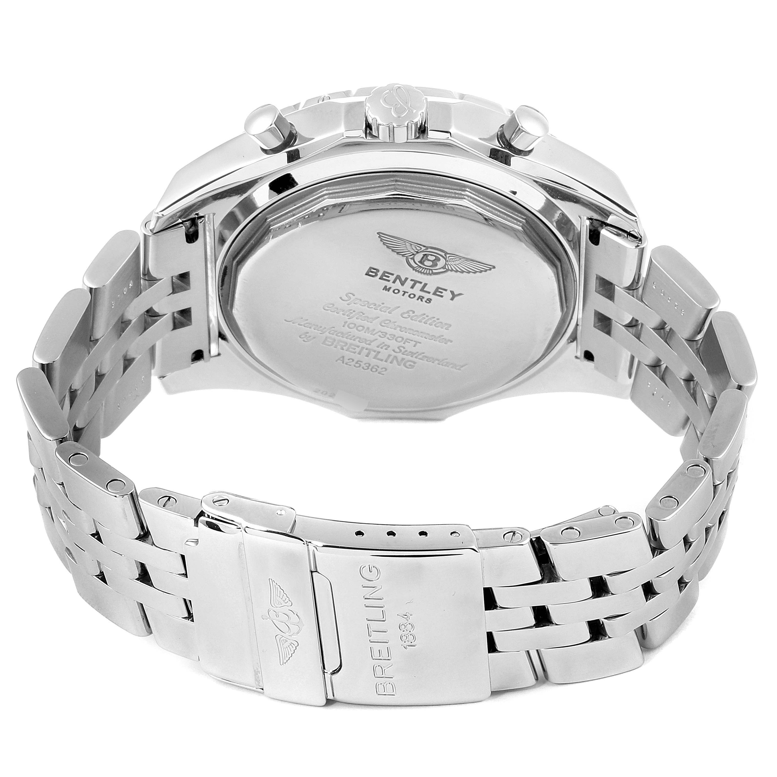 The image shows the back and bracelet clasp of a Breitling Bentley A25362 Men's Stainless Steel Blue Dial A25362 Men's Stainless Steel Blue Dial watch at a slight angle from the rear.