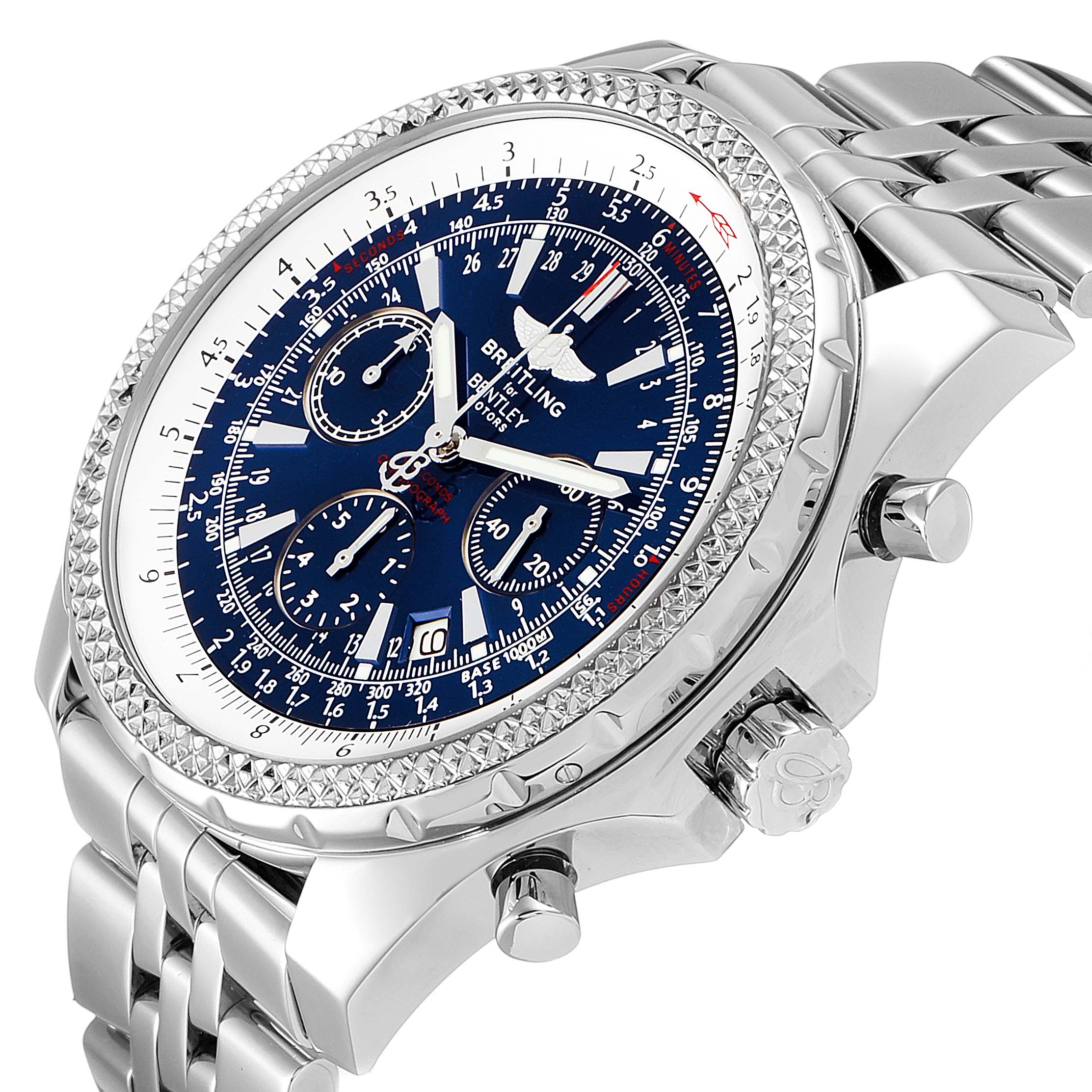 The image shows a Breitling Bentley A25362 Men's Stainless Steel Blue Dial A25362 Men's Stainless Steel Blue Dial watch at a slight angle, highlighting the bezel, dial, crown, and part of the bracelet.