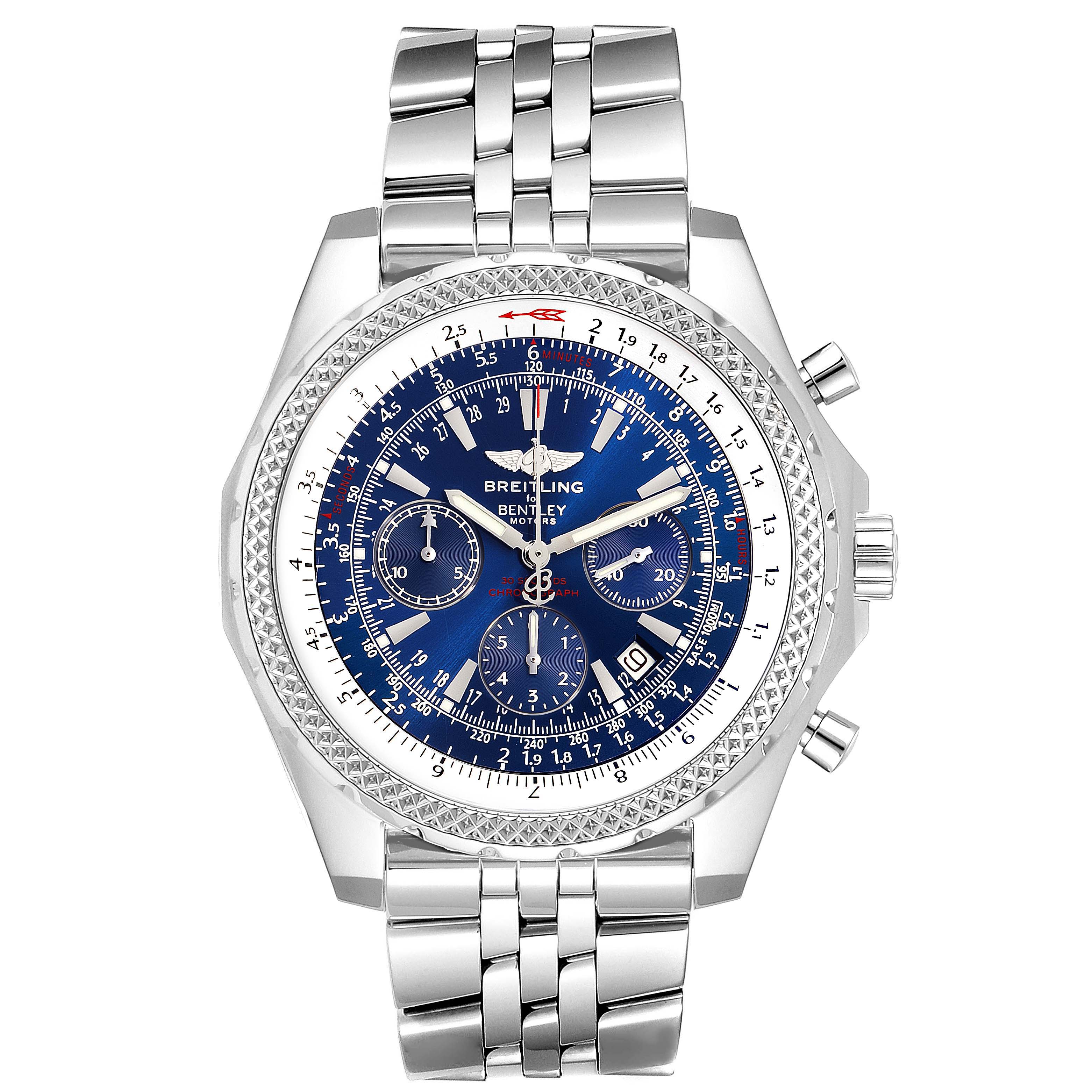 The image shows a front view of a Breitling Bentley A25362 Men's Stainless Steel Blue Dial A25362 Men's Stainless Steel Blue Dial model watch with a blue dial and metal bracelet.