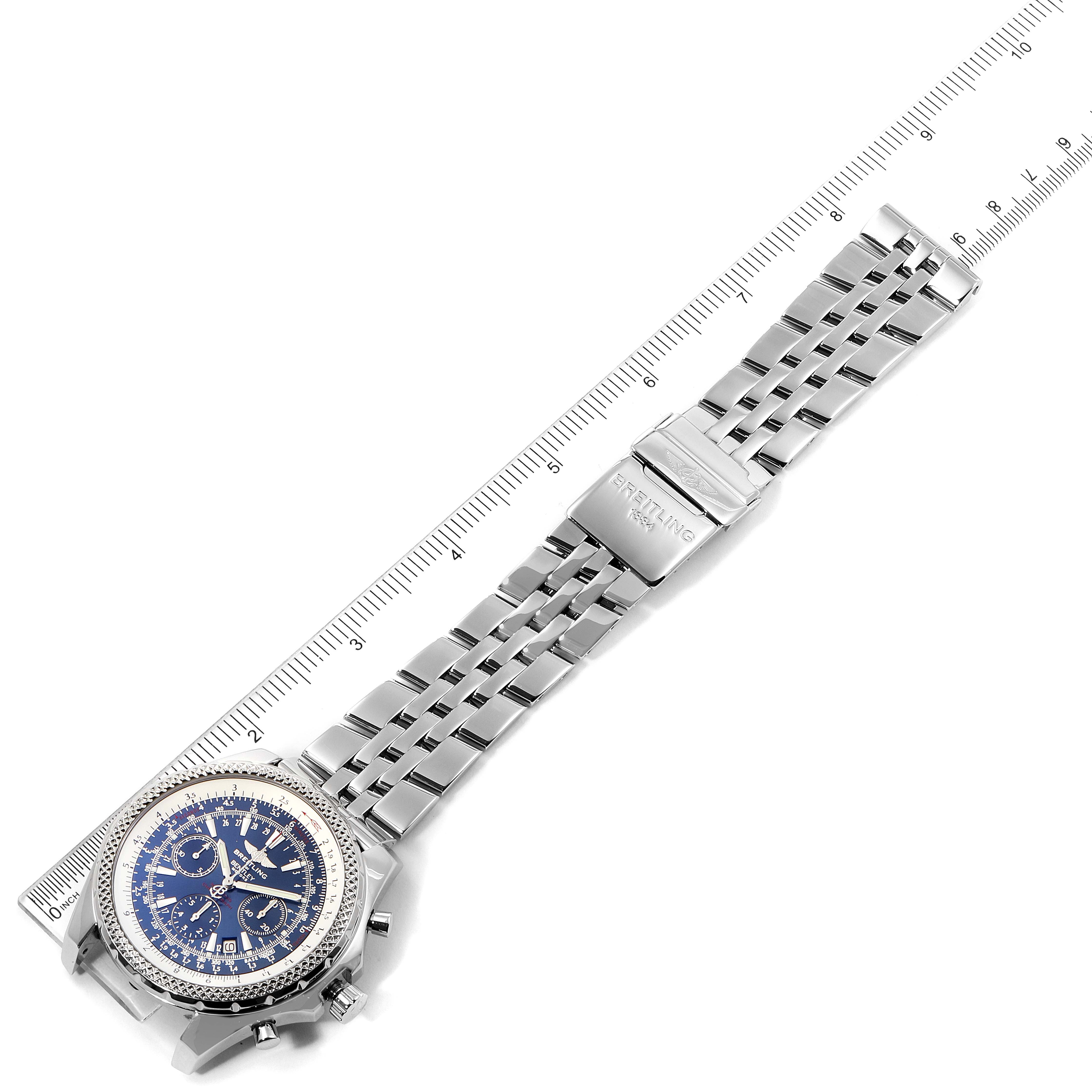 The Bentley model by Breitling is shown from above, displaying its face, metal bracelet, and clasp.