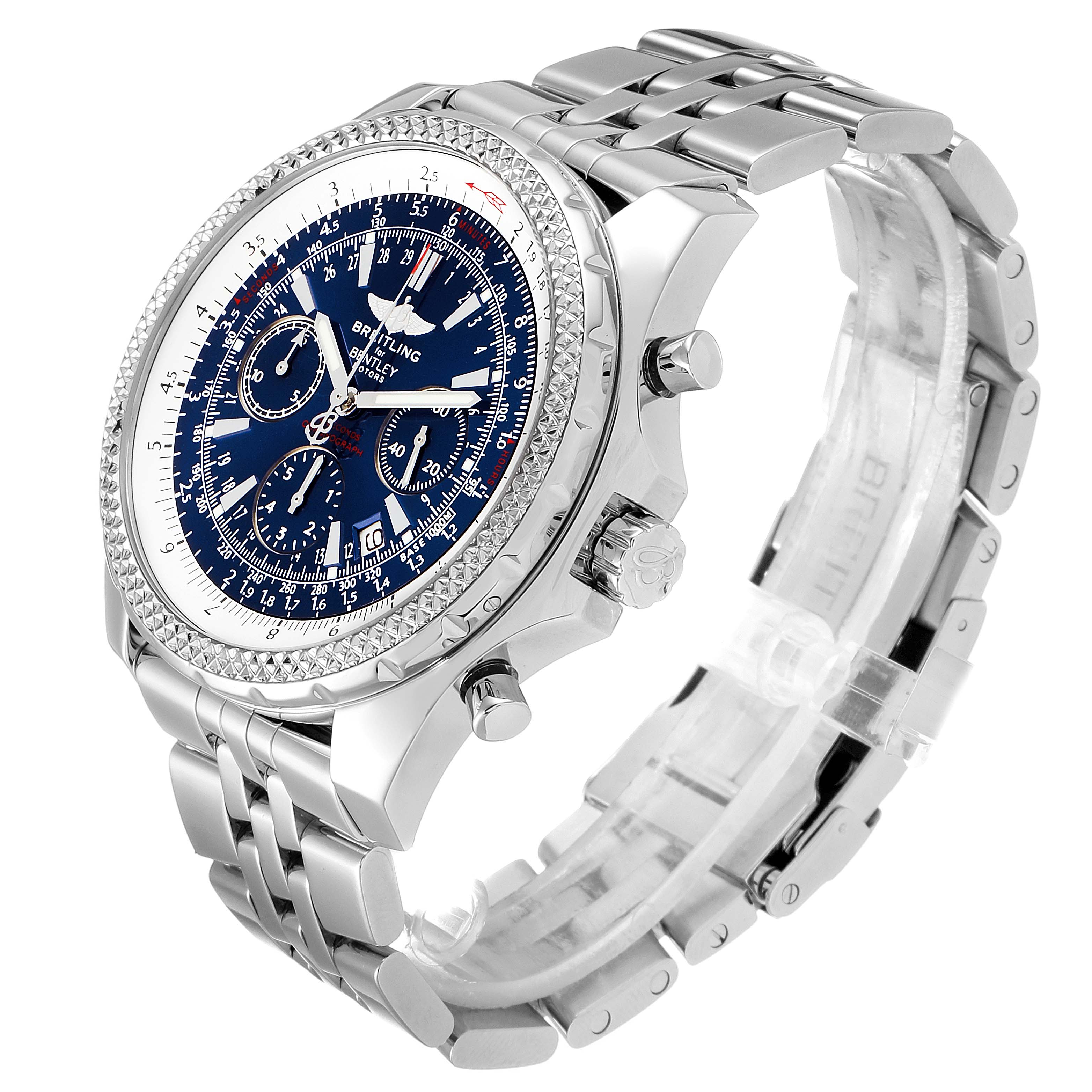 This image shows a side and angled view of the Breitling Bentley A25362 Men's Stainless Steel Blue Dial A25362 Men's Stainless Steel Blue Dial watch, highlighting its dial, bezel, crown, pushers, and bracelet.