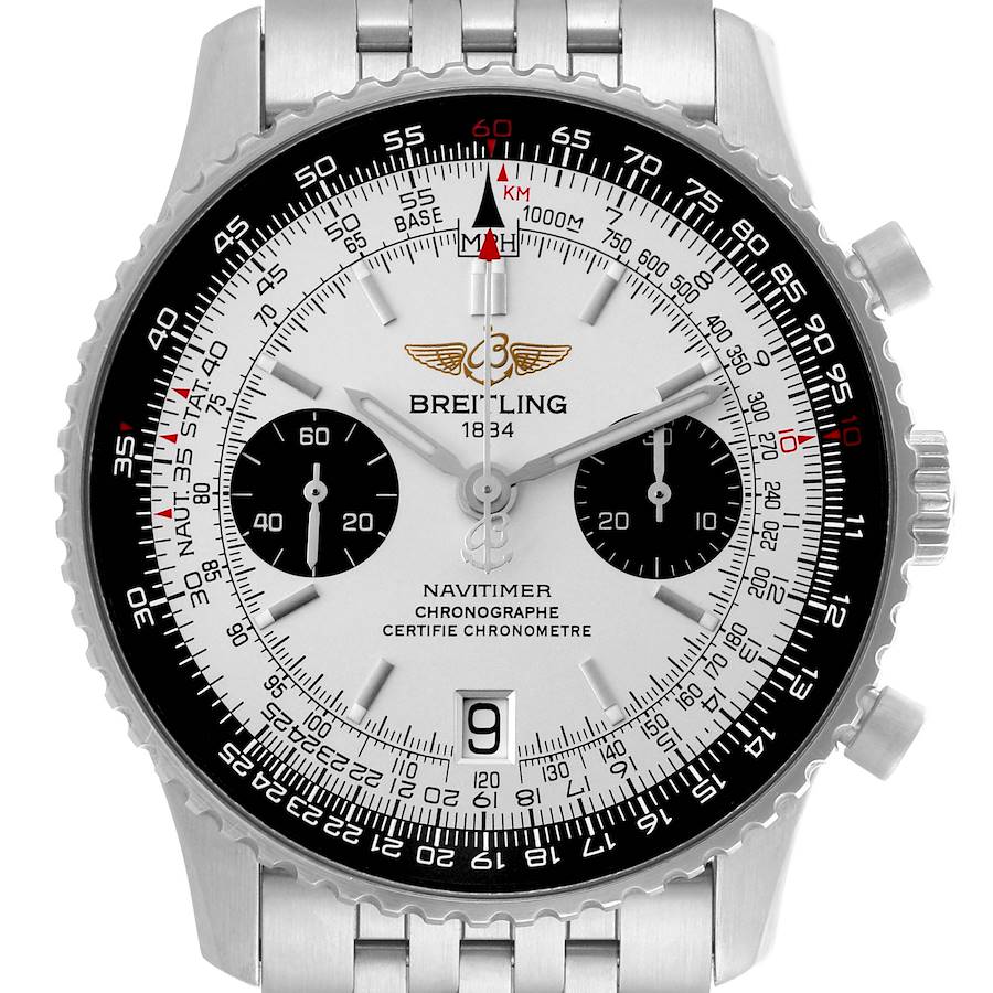 The Breitling Navitimer watch is shown from the front, displaying its dial, bezel, and chronograph subdials.